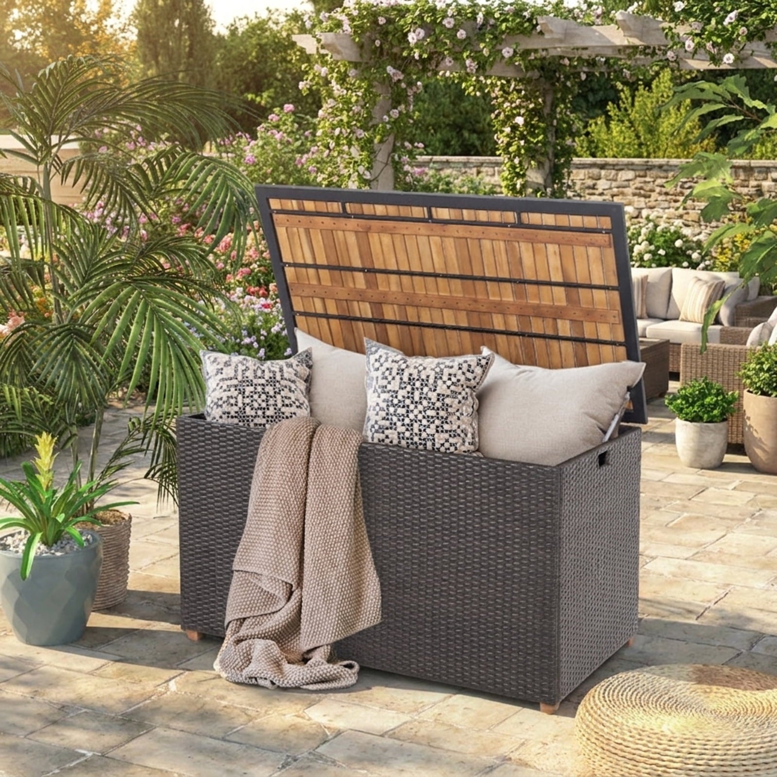 Biotree 134 Gallon Rattan Storage Box with Zippered Liner and Solid Acacia Wood Top Outdoor Waterproof for Patio Deck Garden Cushions, Brown