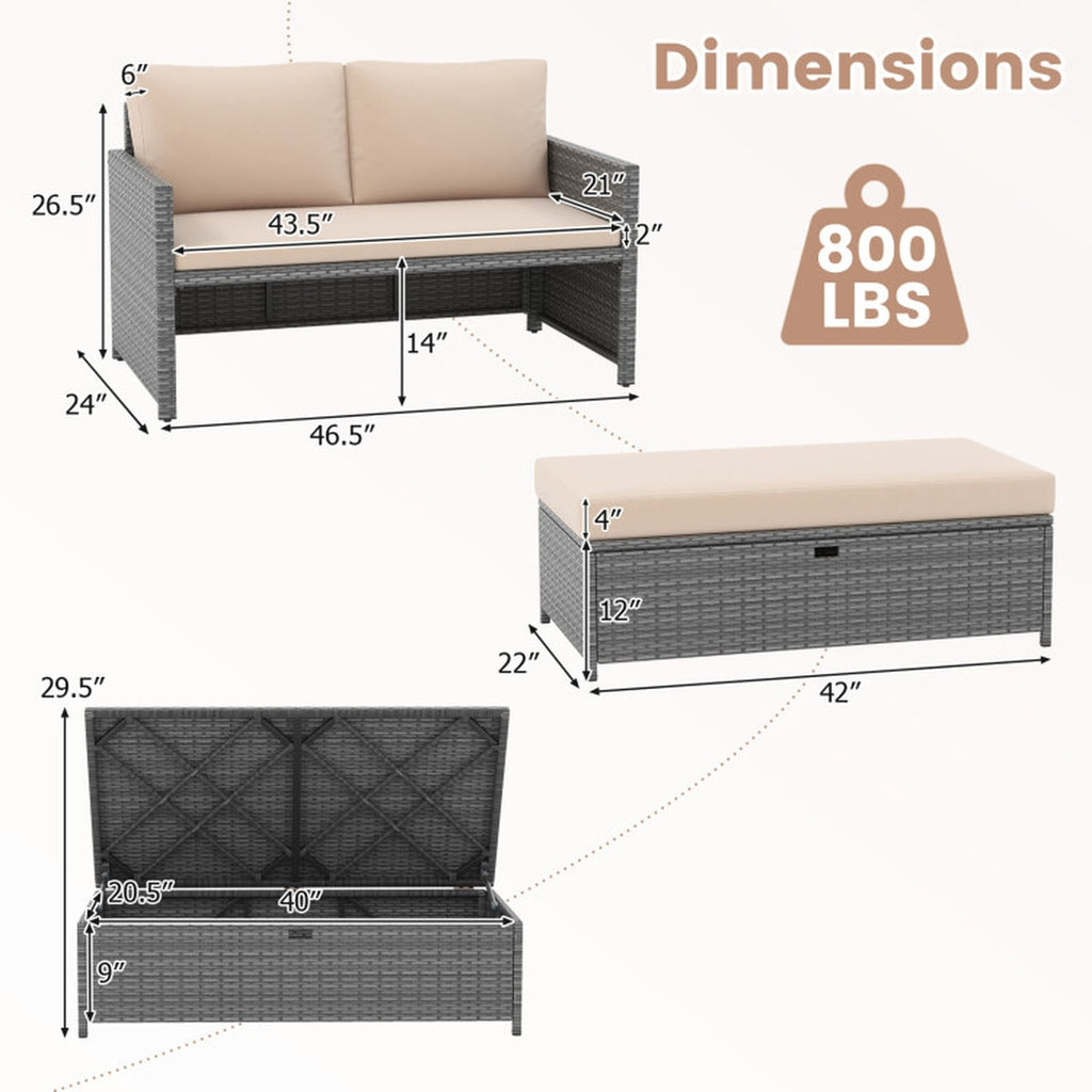 Biotree Outdoor Rattan Daybed Wicker Loveseat and 31 Gallon Storage Ottoman Outdoor Conversation Set for Garden Backyard PorchBrown
