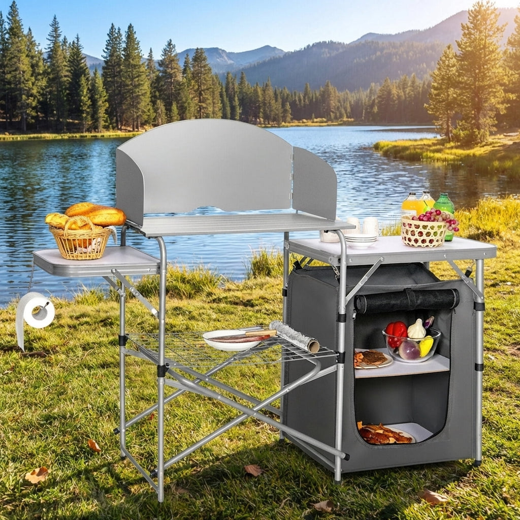 Biotree Foldable Outdoor BBQ Portable Grilling Table with Windscreen and Carry Bag Camping Grill Table for Cooking, Gray