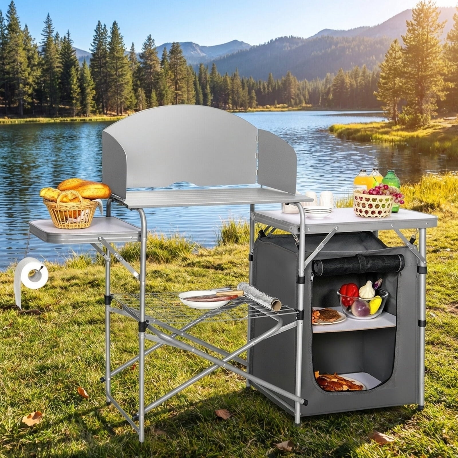Biotree Foldable Outdoor BBQ Portable Grilling Table with Windscreen and Carry Bag Camping Grill Table for Cooking, Gray