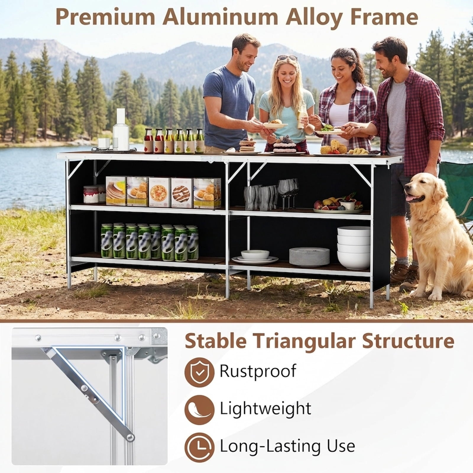 Biotree Aluminum Portable Picnic Table with 2-Tier Open Shelves and Spacious Tabletop Folding Camping Table for Outdoor, Brown