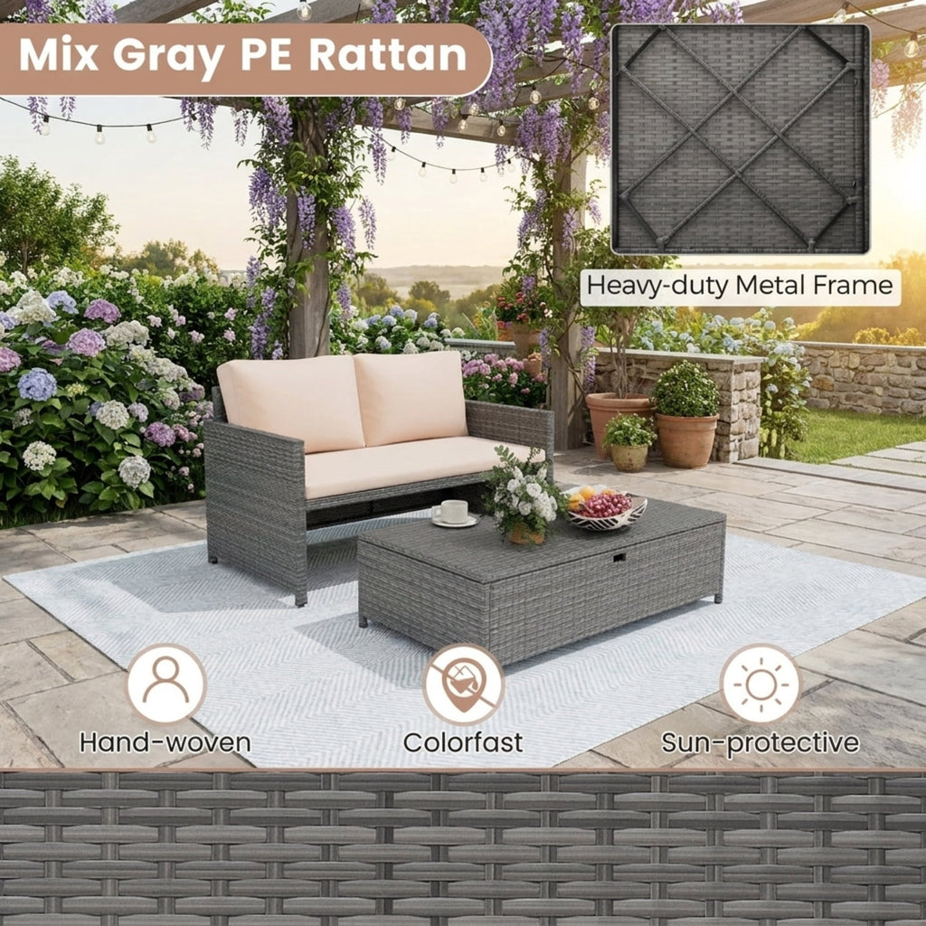 Biotree Outdoor Rattan Daybed Wicker Loveseat and 31 Gallon Storage Ottoman Outdoor Conversation Set for Garden Backyard PorchBrown