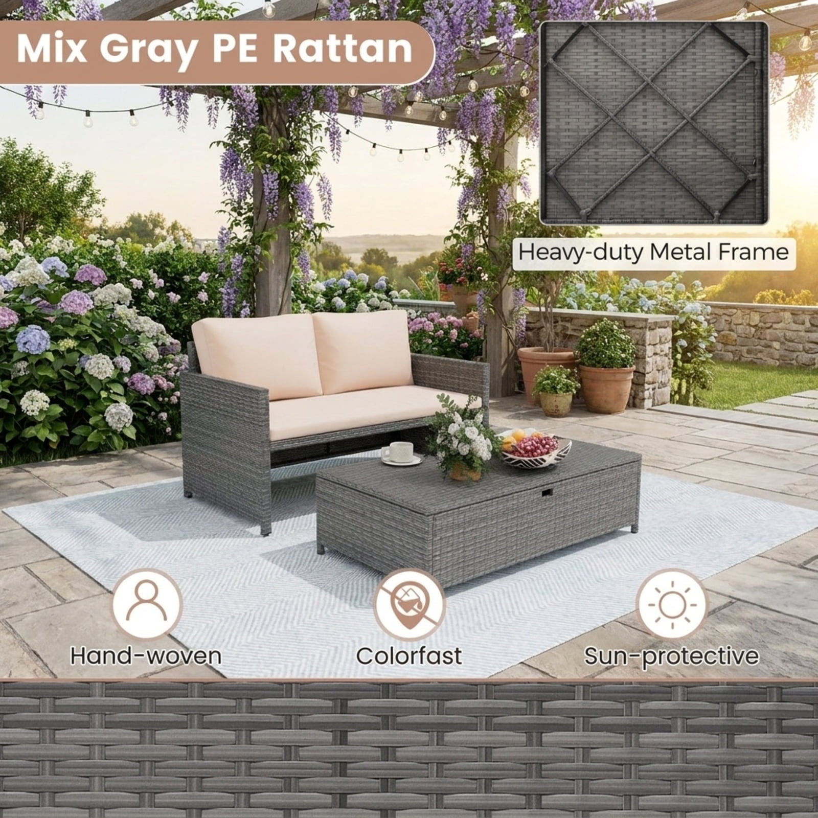 Biotree Outdoor Rattan Daybed Wicker Loveseat and 31 Gallon Storage Ottoman Outdoor Conversation Set for Garden Backyard PorchBrown