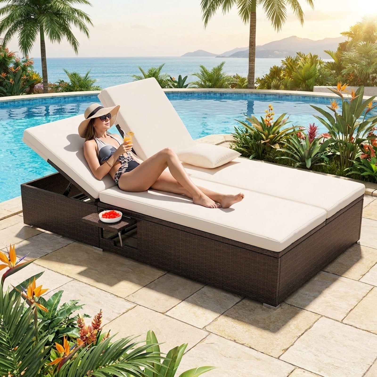 Biotree Patio Double Chaise Lounge with Cushions and Folding Side Trays Stackable Patio Chair for Garden BackyardBeige