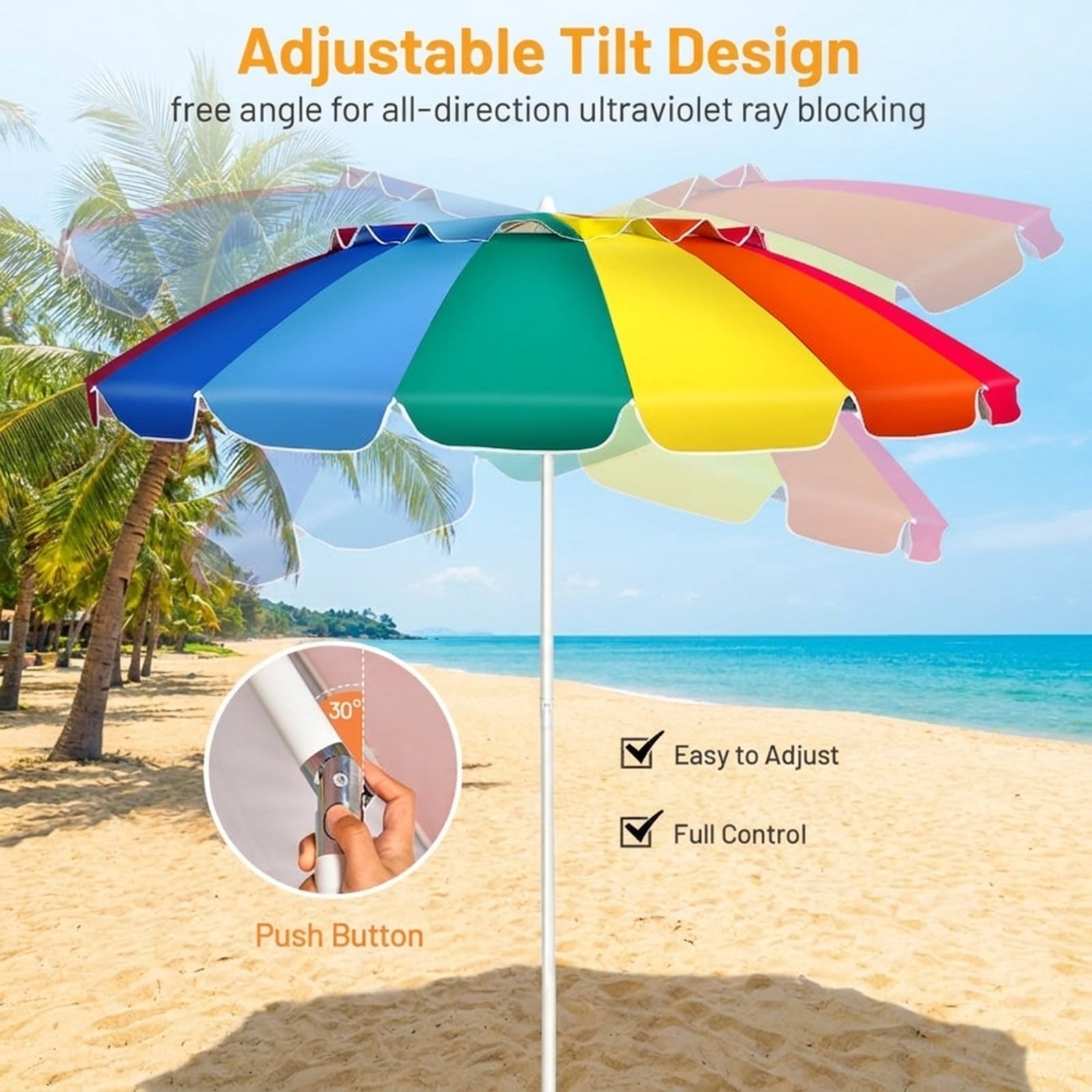 Biotree 8.0 ft Portable Beach Umbrella with Carrying Bag, 16 Ribs, Sand Tilt Mechanism - Multicolor for Backyard