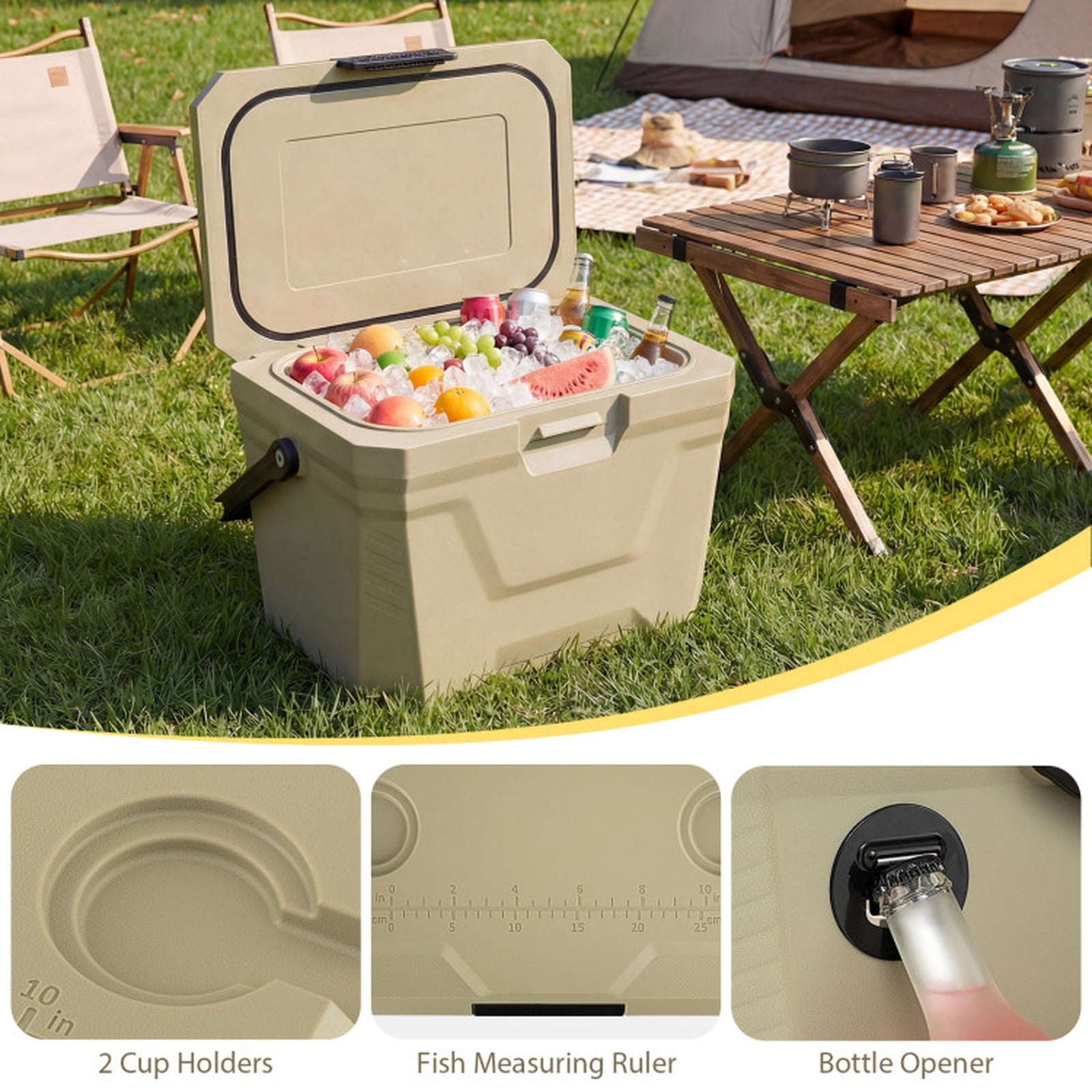 Biotree 21 Qt Insulated Portable Cooler Hard Shell Ice Chest with 2 Cup Holders, Off-White