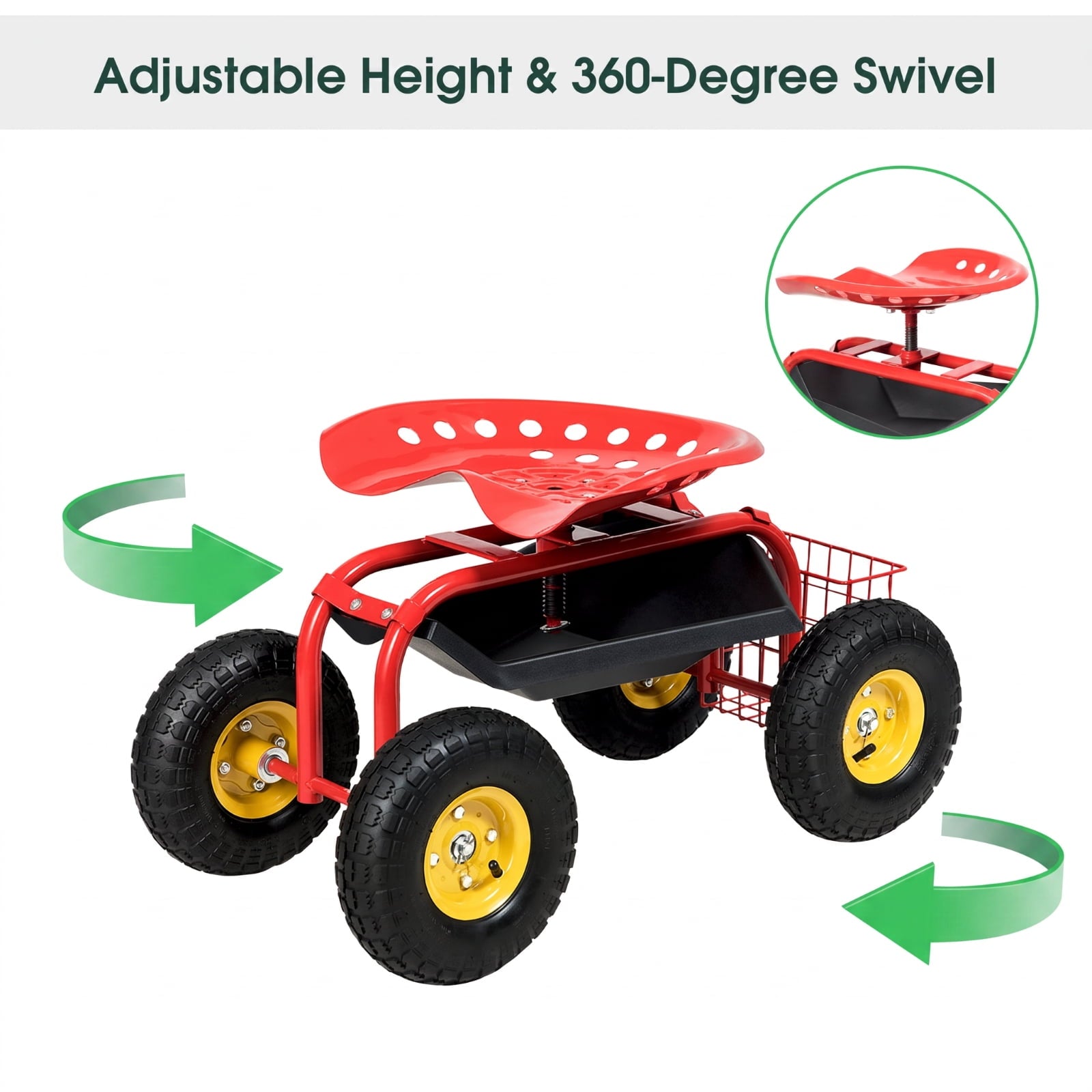 Biotree Rolling Garden Cart with Seat, 360¡ãSwivel Seat Adjustable Height,330lbs Load Capacity, Wagon Scooter with Storage Bracket and Tool Tray, Suitable for Patio Yard, Red