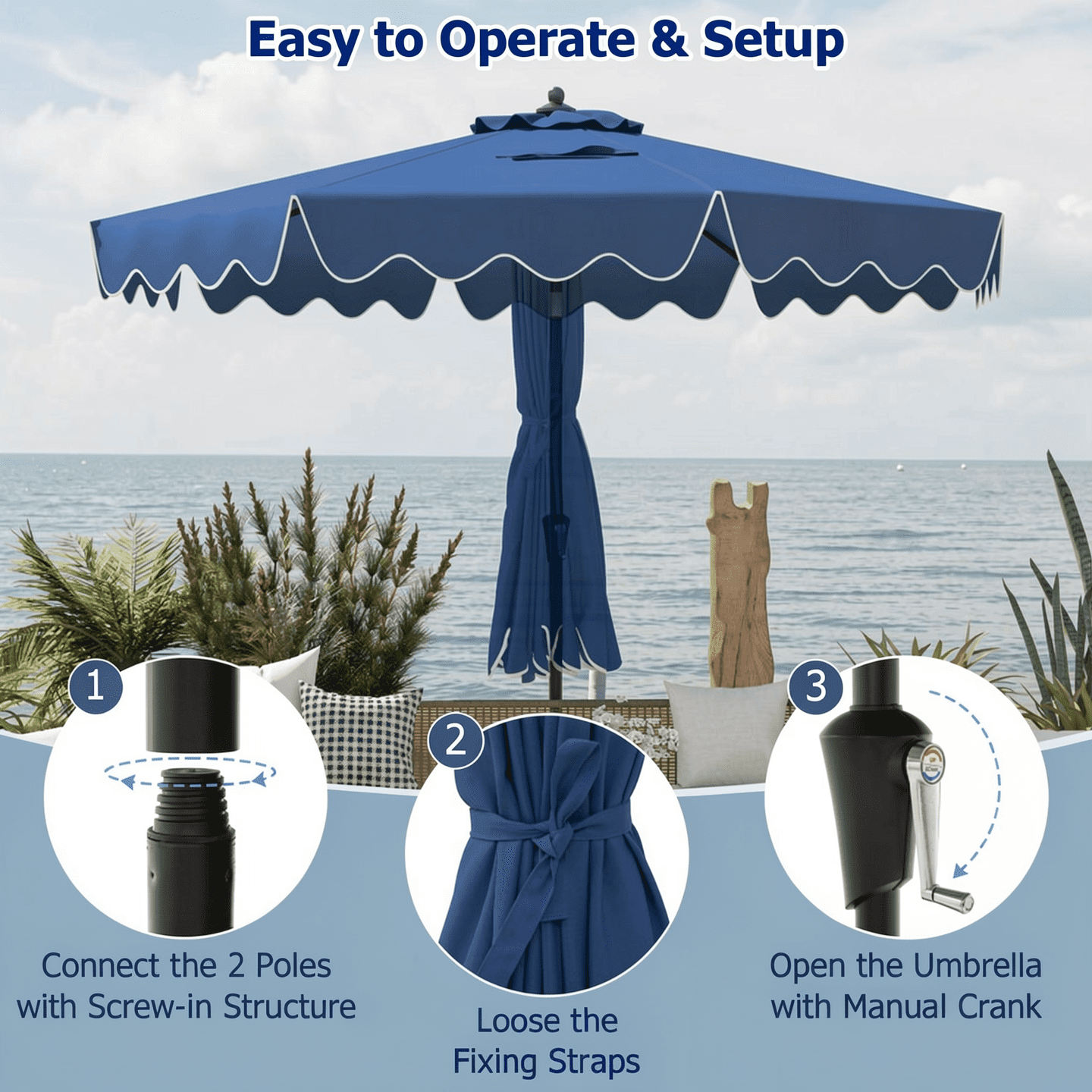 Biotree 9 Feet Patio Umbrella with Crank Handle and Push Button Tilt-Navy Navy Blue - Outdoor Patio Garden Sun Shade