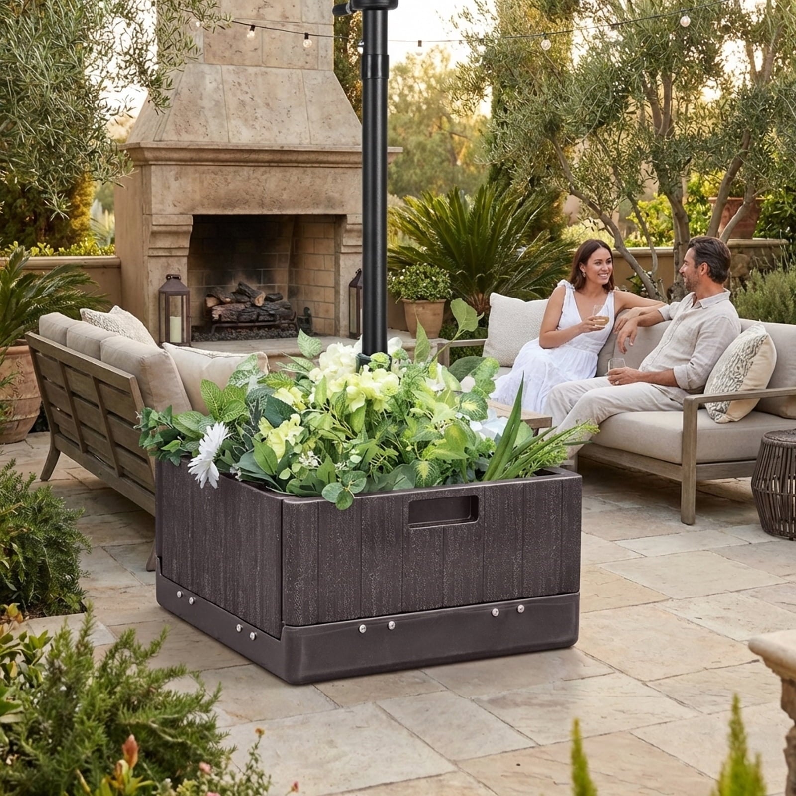 Biotree 175 LBS Outdoor Fillable Umbrella Base with Table Tray-Brown Deck Garden Pool Outdoor Living