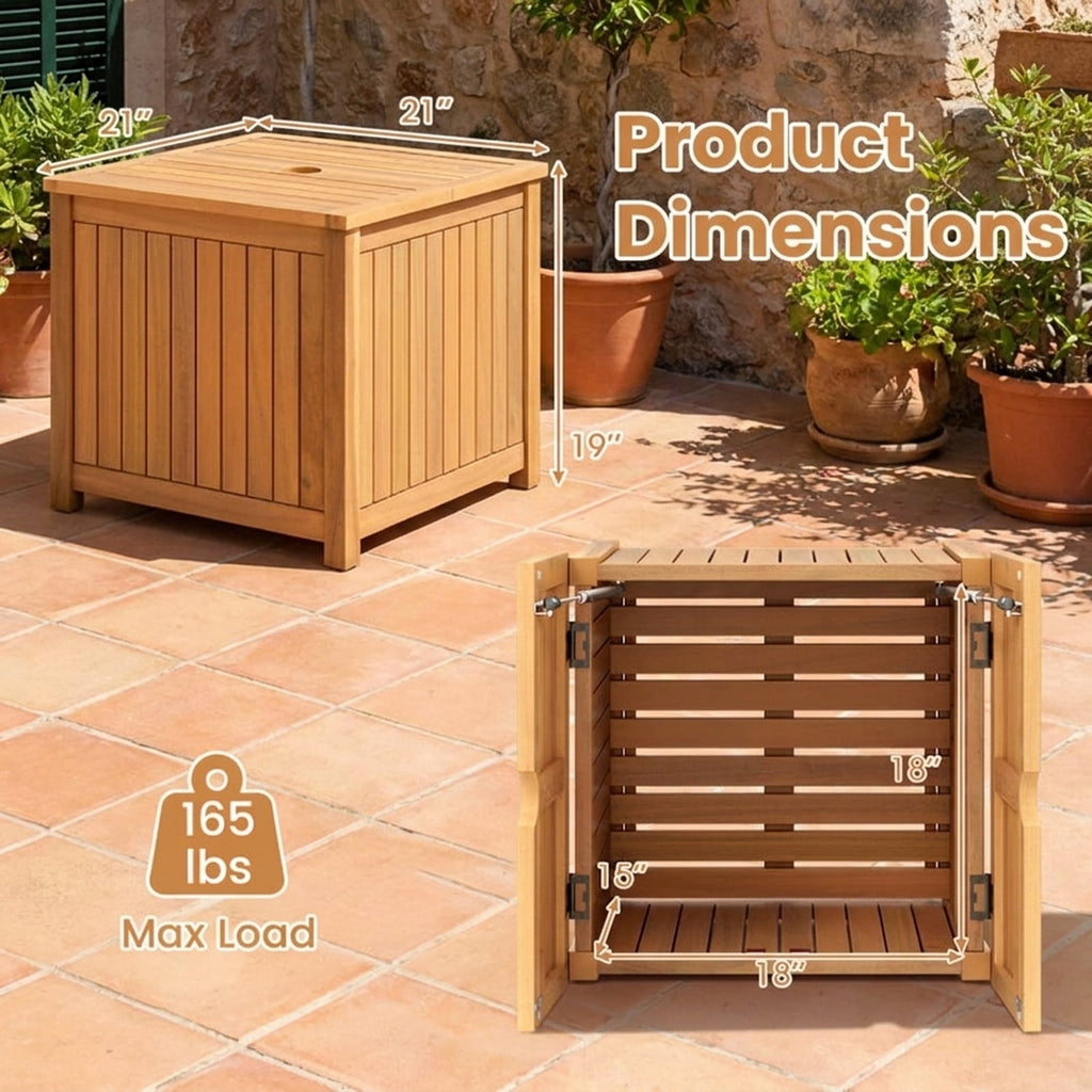 Biotree 2-in-1 Outdoor Side Table with Storage Acacia Wood Slatted Coffee Table Square Slatted End Storage Box with 2.3" Umbrella Hole, Natural