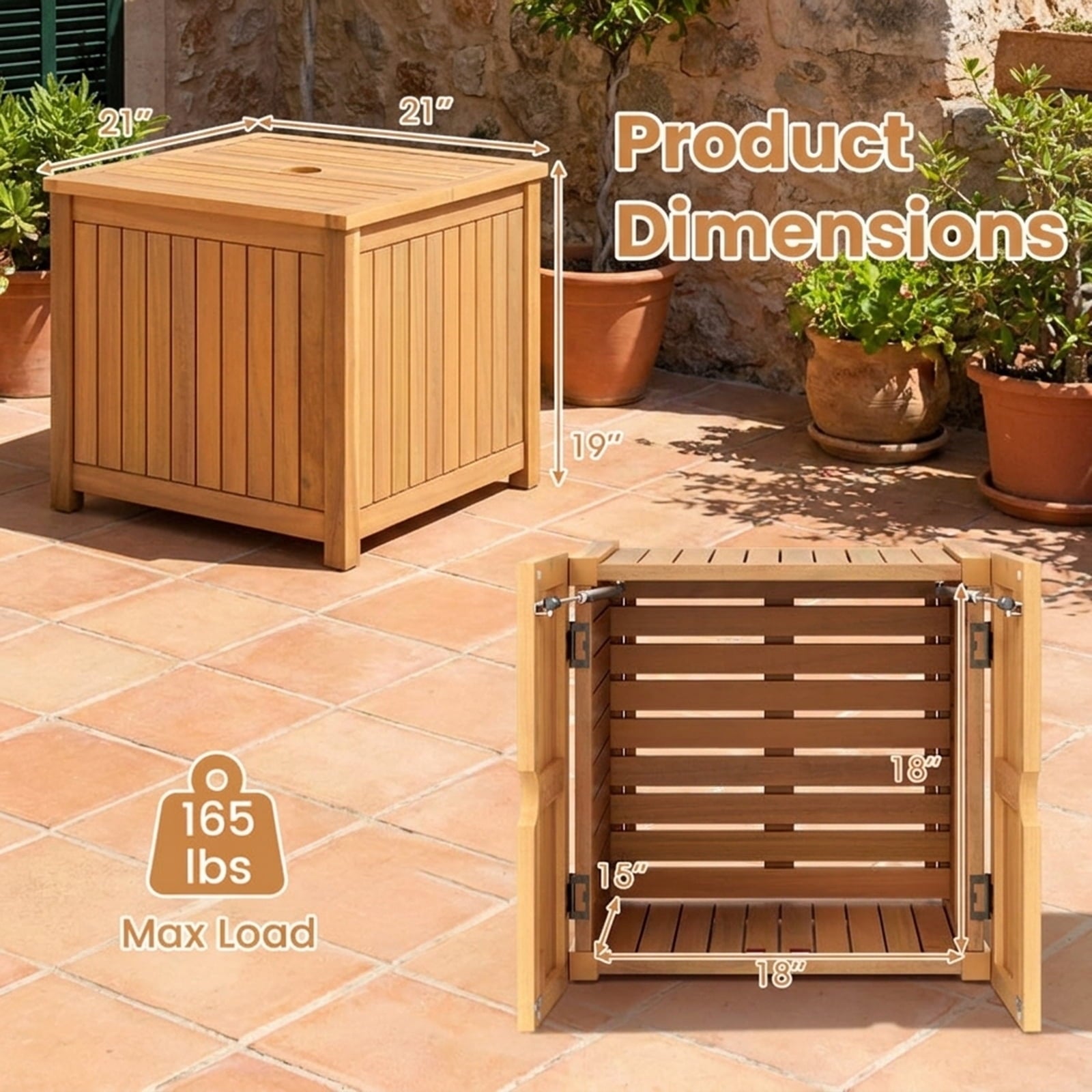 Biotree 2-in-1 Outdoor Side Table with Storage Acacia Wood Slatted Coffee Table Square Slatted End Storage Box with 2.3" Umbrella Hole, Natural