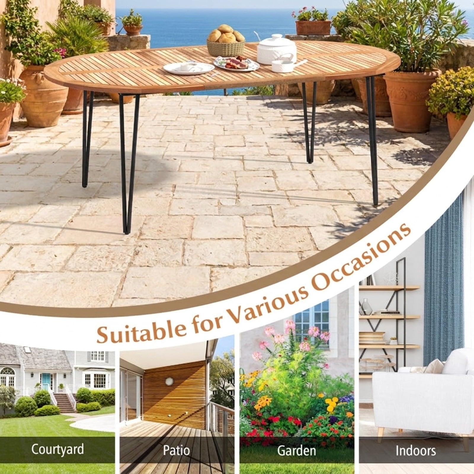 Biotree 79 Inch Oval Patio Dining Table with Umbrella Hole and Acacia Wood Tabletop for 8 People, Natural
