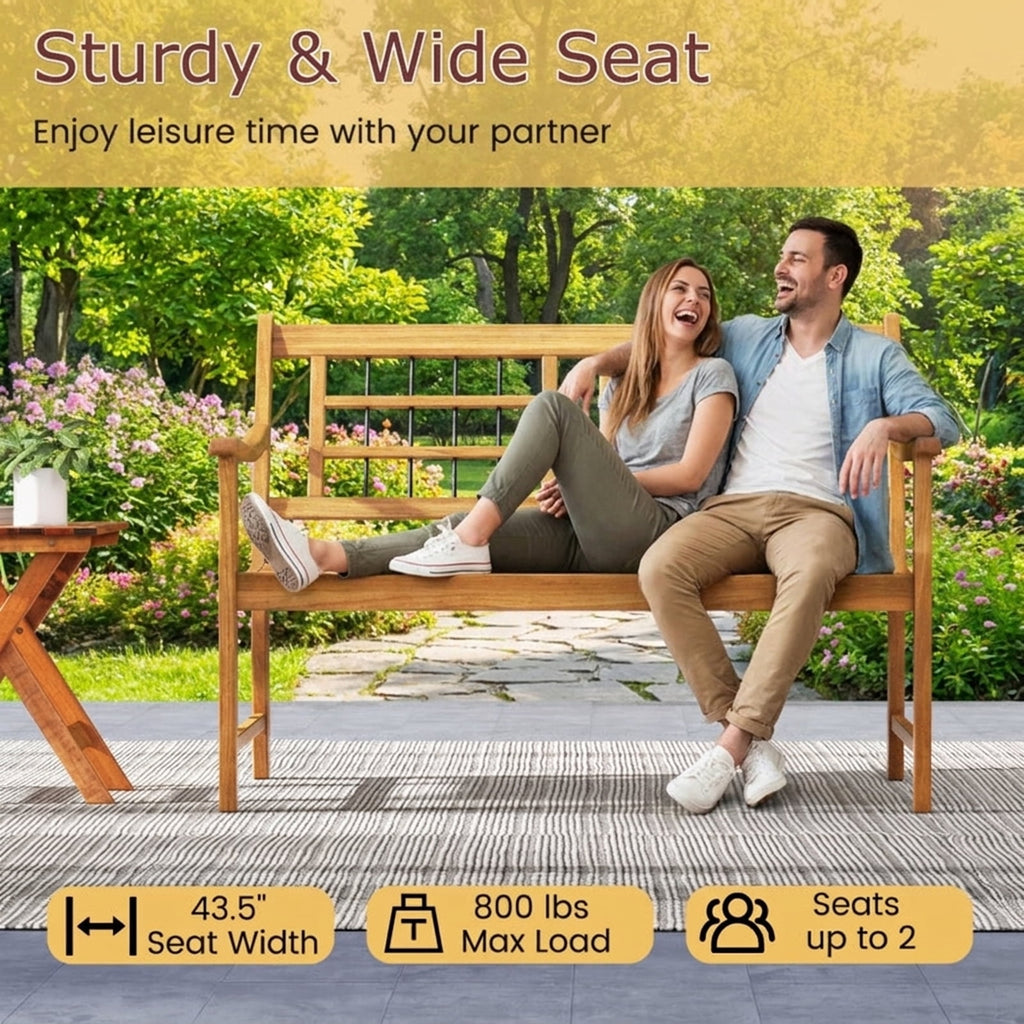 Biotree Patio Acacia Wood Bench with Curved Armrests Slatted Seat and Backrest Stackable Patio Chair for Garden BackyardNatural