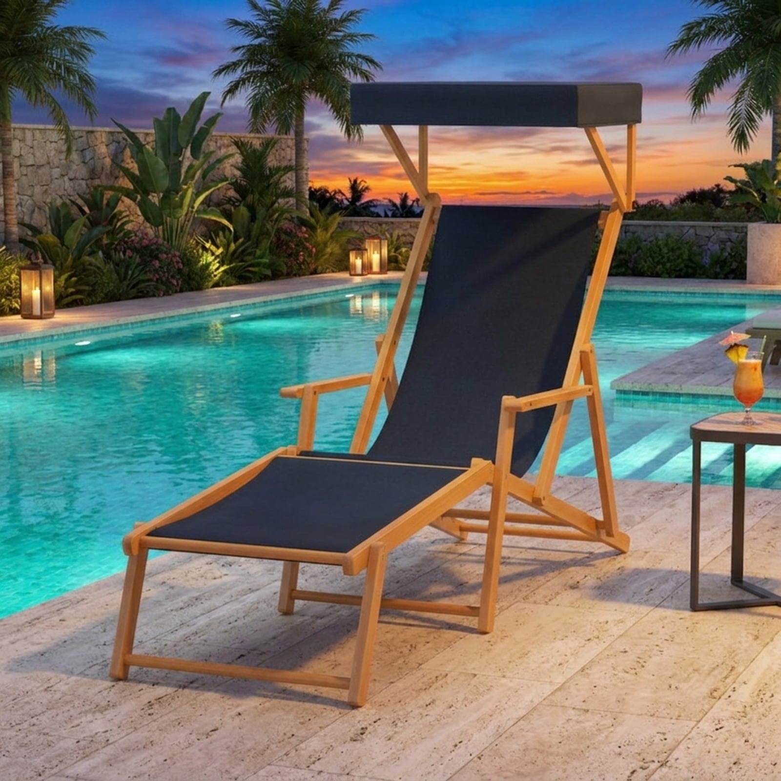 Biotree Birch Wood Chaise Lounge Chair Foldable Beach Chair with Adjustable Canopy Stackable Patio Chair for Garden BackyardNavy