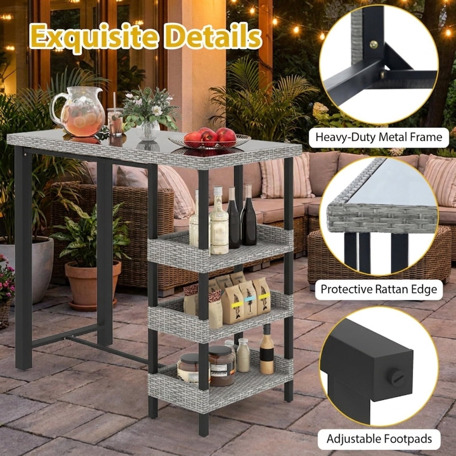Biotree 43.5 Inch Outdoor Bar Table with Tempered Glass Top, Black