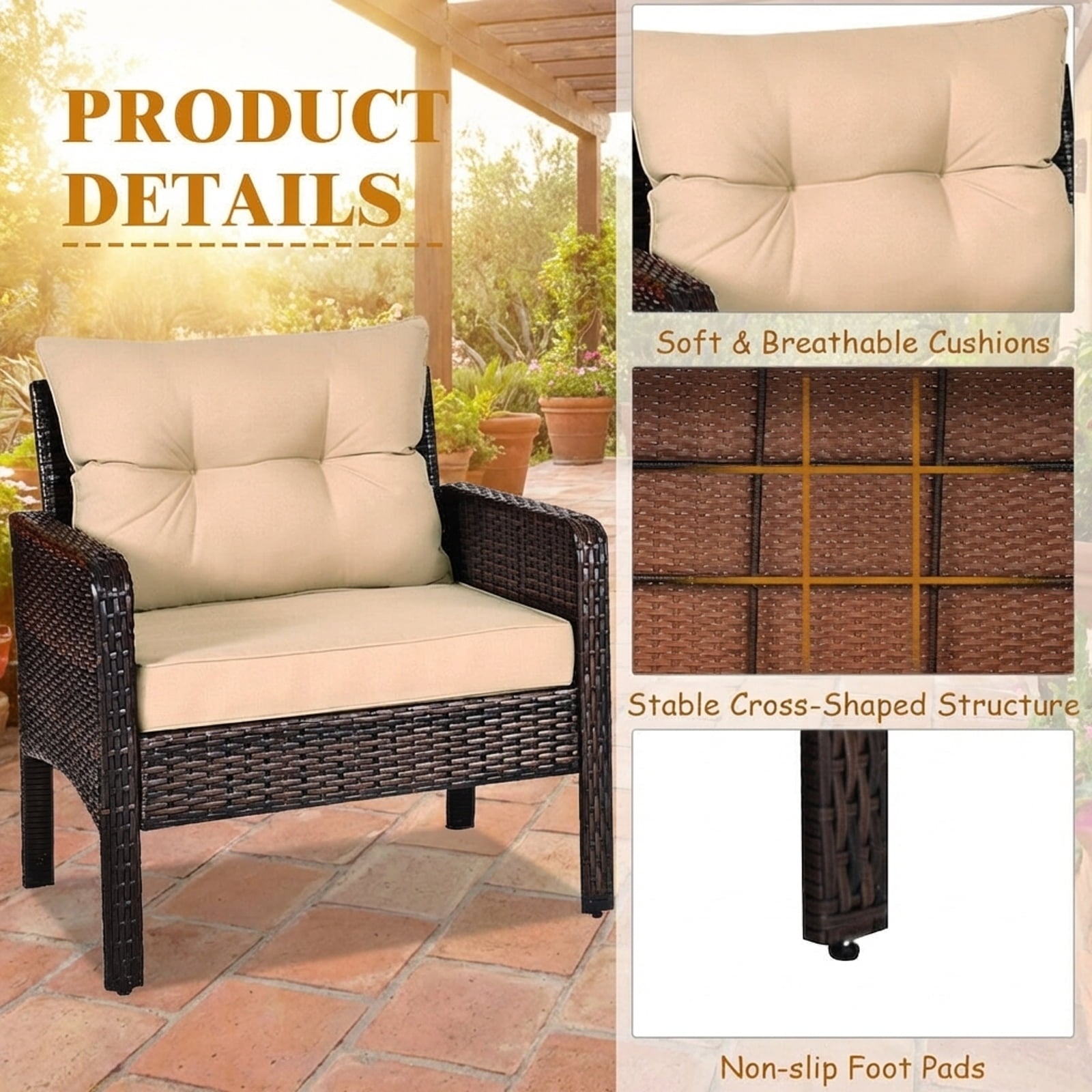 Biotree 3-Piece Patio Rattan Conversation Set-Beige
