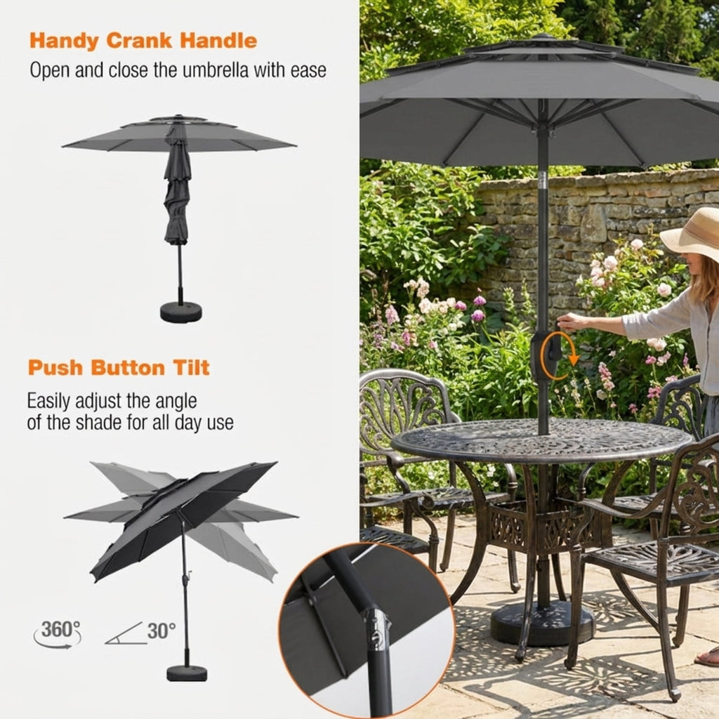 Biotree 10 FT Patio Umbrella, 3-tier Vented Patio Umbrella with Push Button Tilt for Patio Garden Backyard Pool, Brown