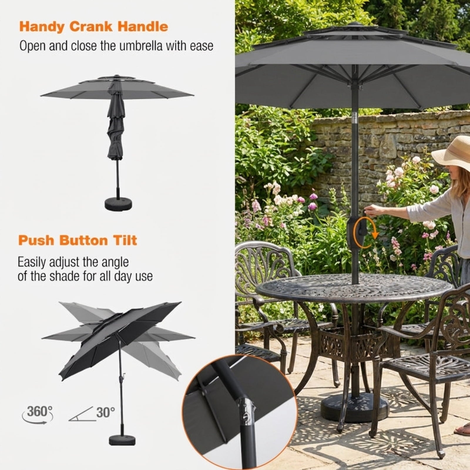 Biotree 10 FT Patio Umbrella, 3-tier Vented Patio Umbrella with Push Button Tilt for Patio Garden Backyard Pool, Brown