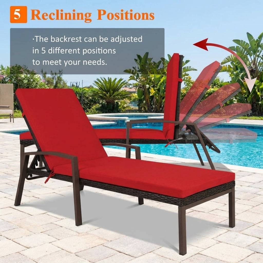 Biotree Patio Rattan Lounge Chaise Recliner with Back Adjustable Cushioned Stackable Patio Chair for Garden BackyardRed