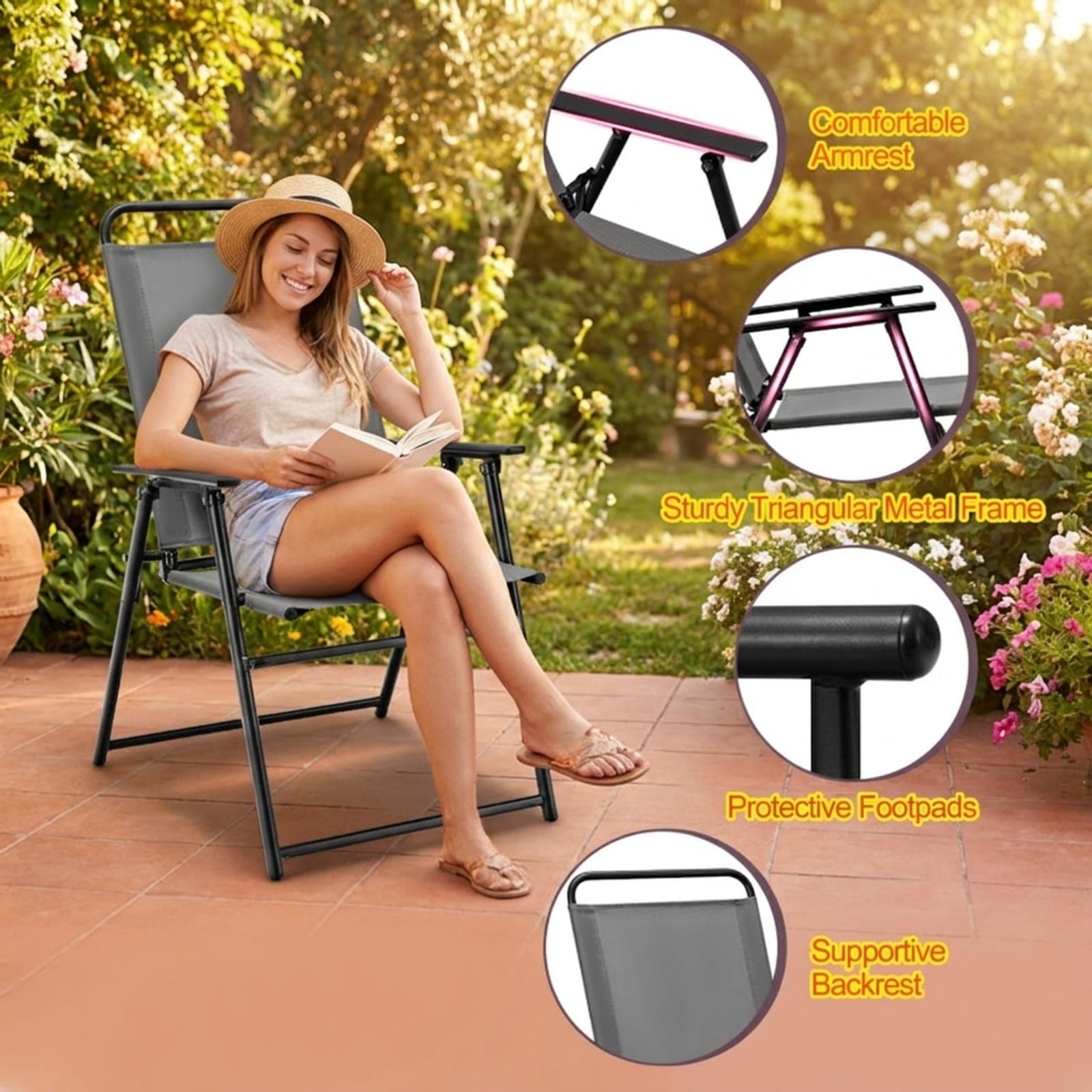 Biotree Outdoor Folding Sling Chairs Set of 4 with Armrest and Backrest Stackable Patio Chair for Garden BackyardGray