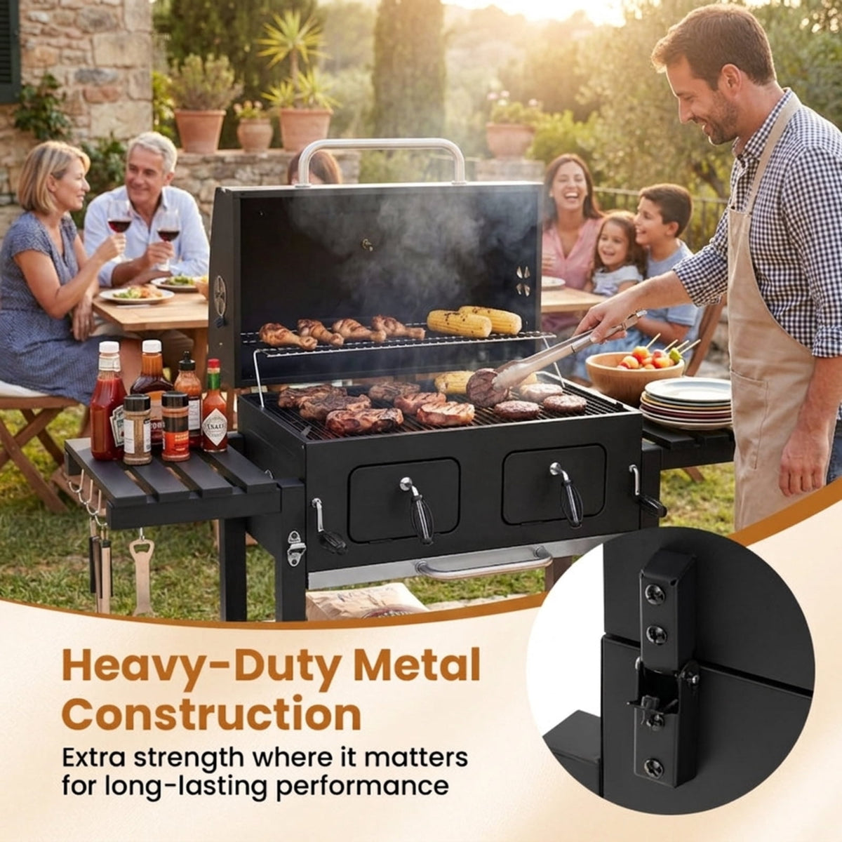 Biotree 780 SQIN Large Charcoal Grill, Outdoor BBQ Grill with Adjustable Charcoal Trays, Protective Cover, Folding Side Tables - Wheels, Portable Charcoal Cooker for Backyard Patio Camping Black