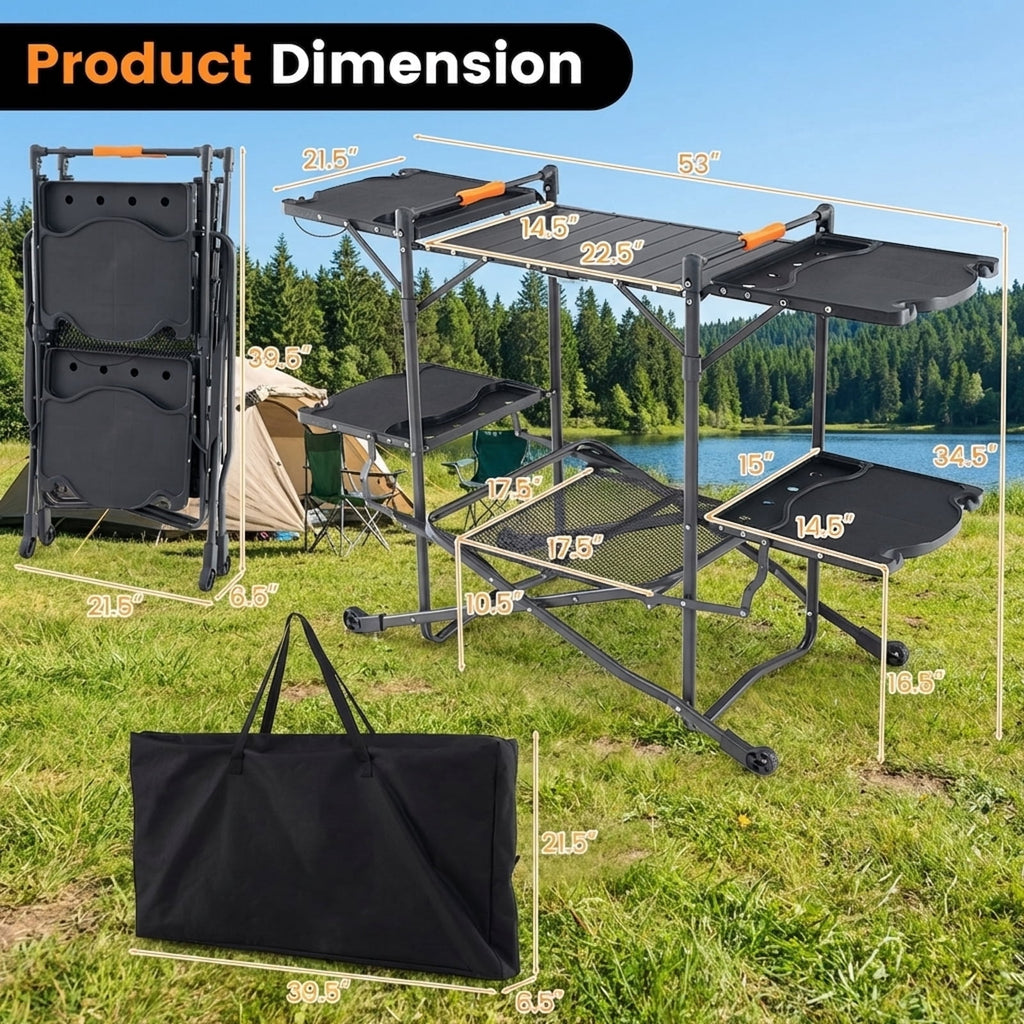 Biotree Folding Portable Outdoor Cook Station with Heat-Resistant Aluminum Tabletop Camp Kitchen Table with Storage, Black