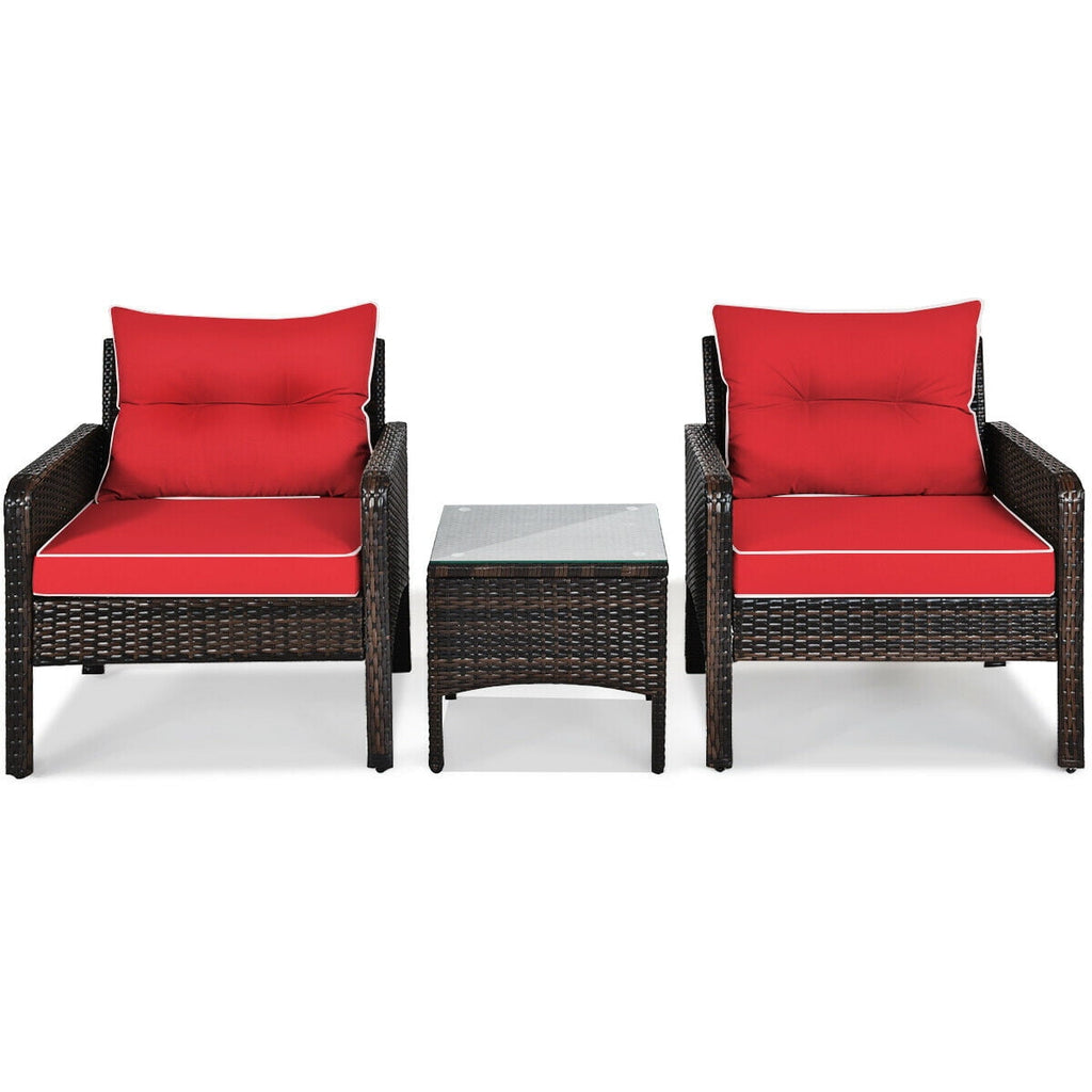 Biotree 3-Piece Patio Rattan Conversation Set with Cushions-Red