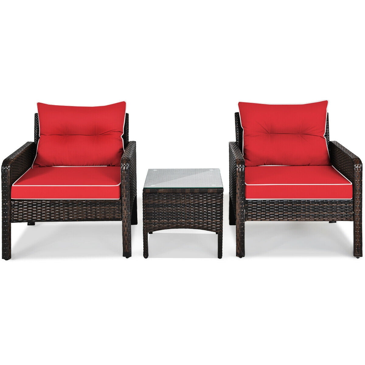 Biotree 3-Piece Patio Rattan Conversation Set with Cushions-Red