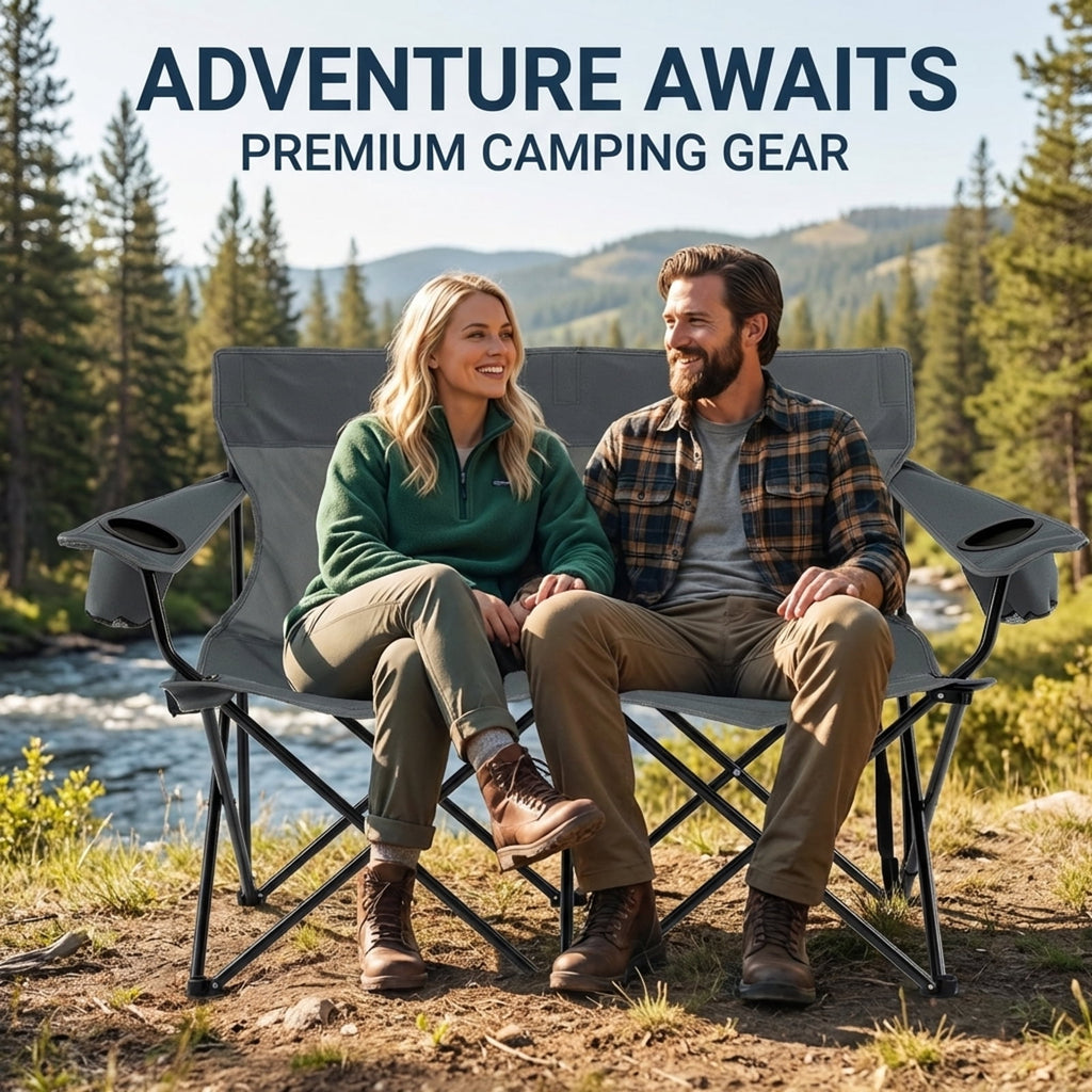 Biotree 2-Person Folding Outdoor Loveseat Camp Chair with Cup Holders Portable Double Camping Chair with Carry Bag, Gray