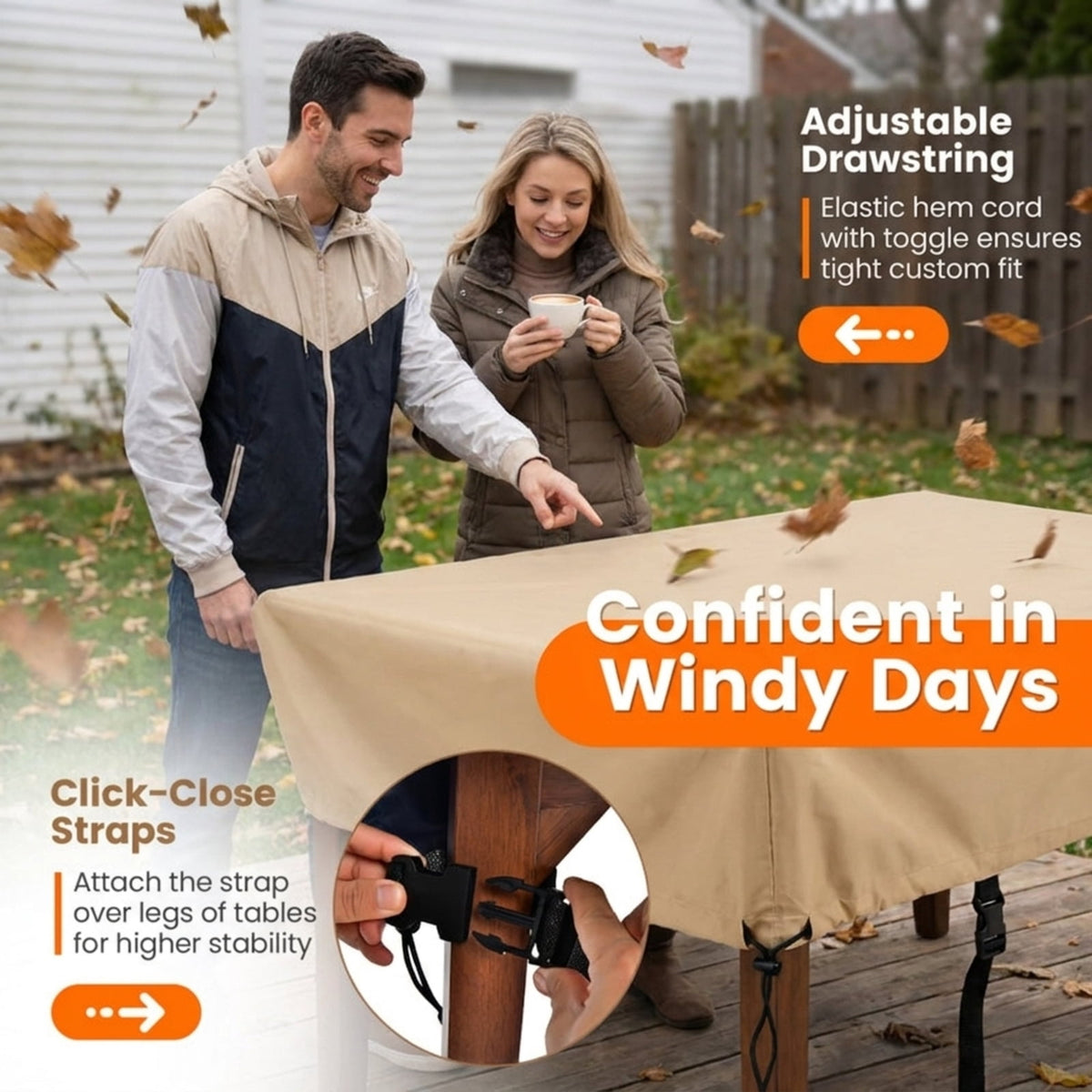 Biotree Waterproof Patio Furniture Cover with Padded Handle and Click-Close Straps Heavy Duty Outdoor Table Cover 90 x 50 x 32 Inches, Beige