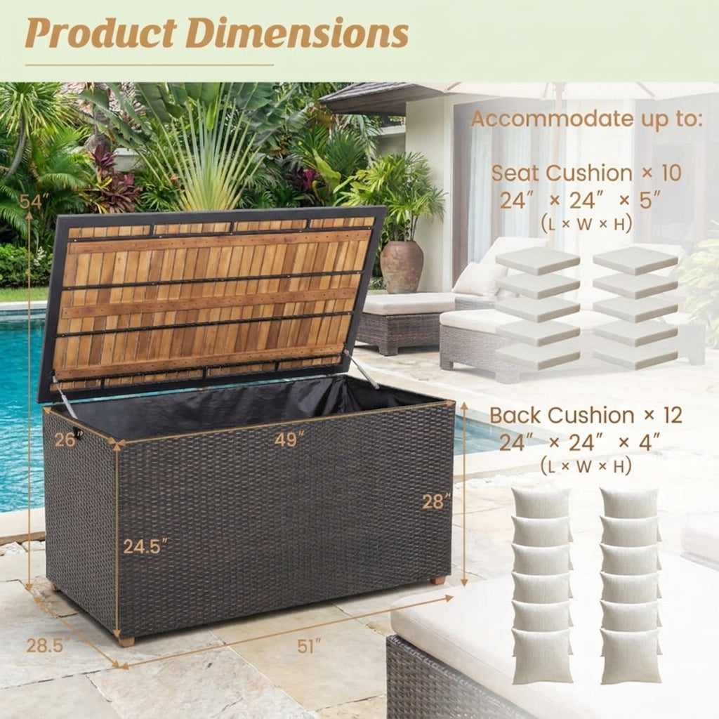 Biotree 134 Gallon Rattan Storage Box with Zippered Liner and Solid Acacia Wood Top Outdoor Waterproof for Patio Deck Garden Cushions, Brown