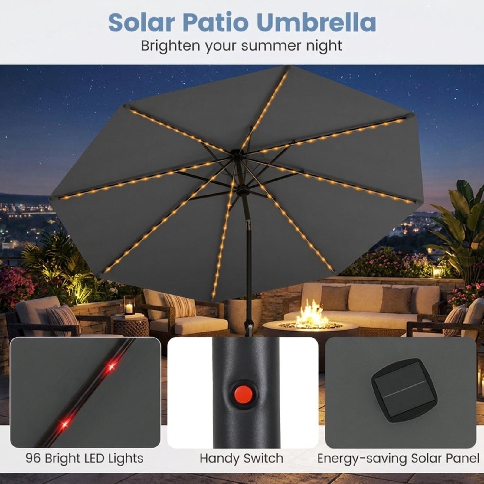 Biotree 10 ft Market Patio Umbrella with Crank and Tilt, 8 Sturdy Ribs, Vented Canopy - Gray for Backyard