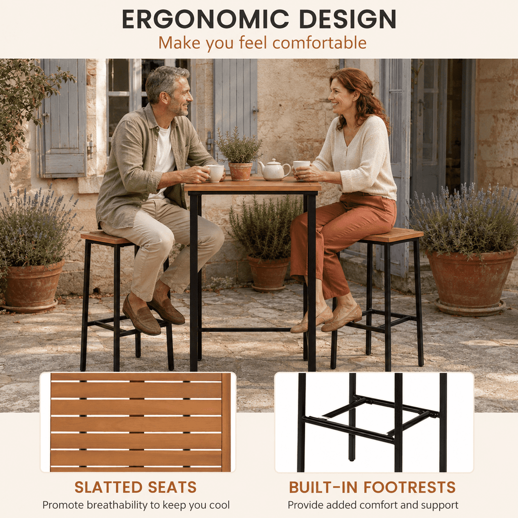 Biotree 3-Piece Acacia Wood Outdoor Bistro Set with Bar Table and 2 Stools