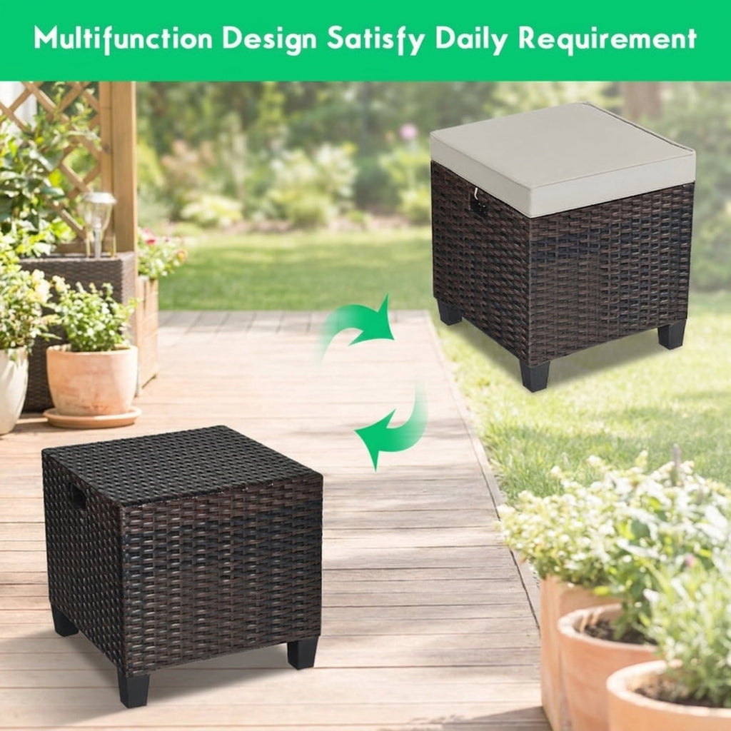 Biotree 2 Pieces Patio Rattan Ottoman Set with Removable Cushions Stackable Patio Chair for Garden BackyardBeige