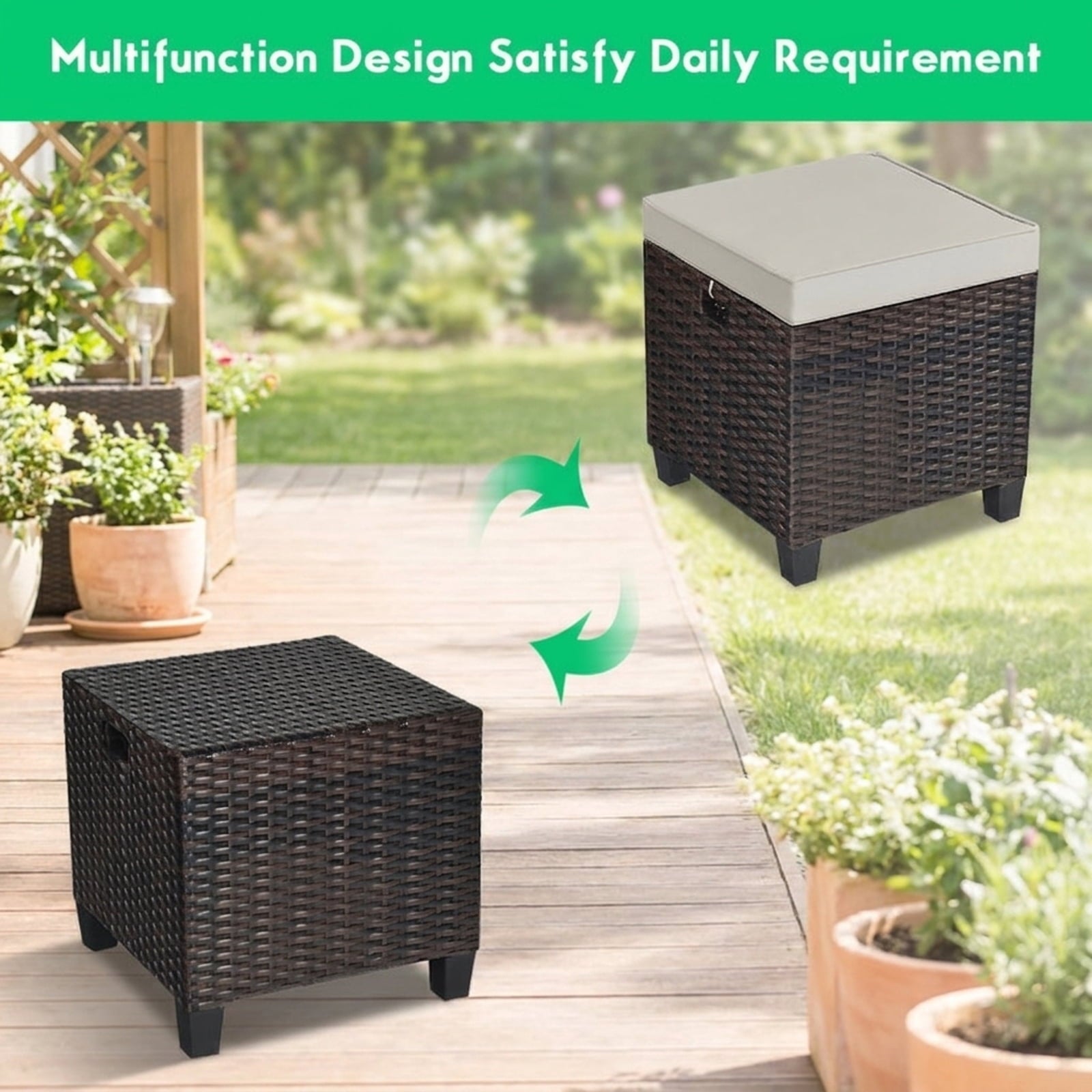 Biotree 2 Pieces Patio Rattan Ottoman Set with Removable Cushions Stackable Patio Chair for Garden BackyardBeige