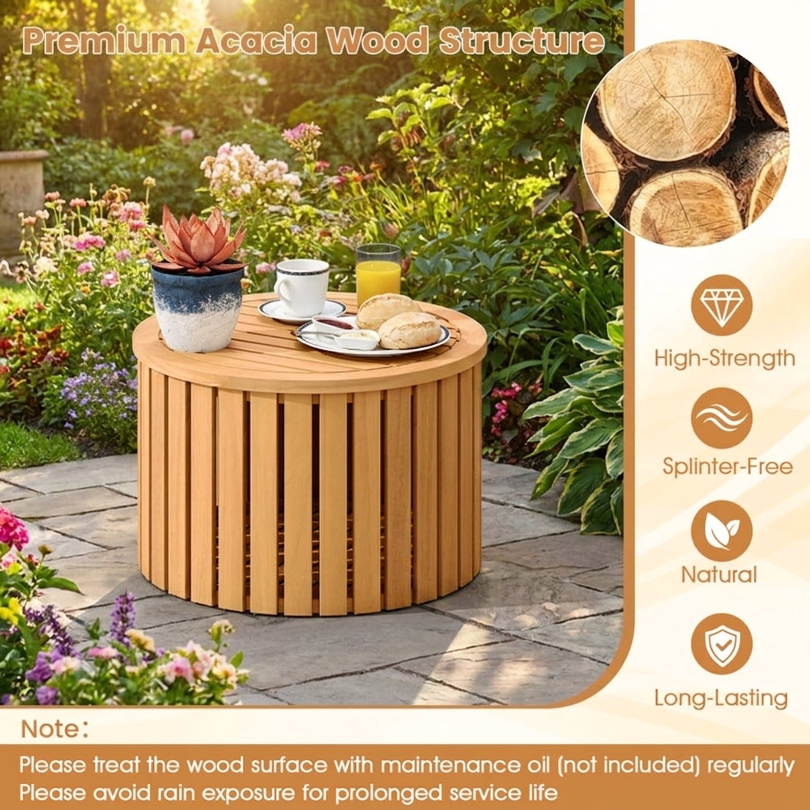 Biotree 2-in-1 Outdoor Side Table with Storage Acacia Wood Slatted Coffee Table Round Slatted End Storage Box with 2.3" Umbrella Hole, Natural