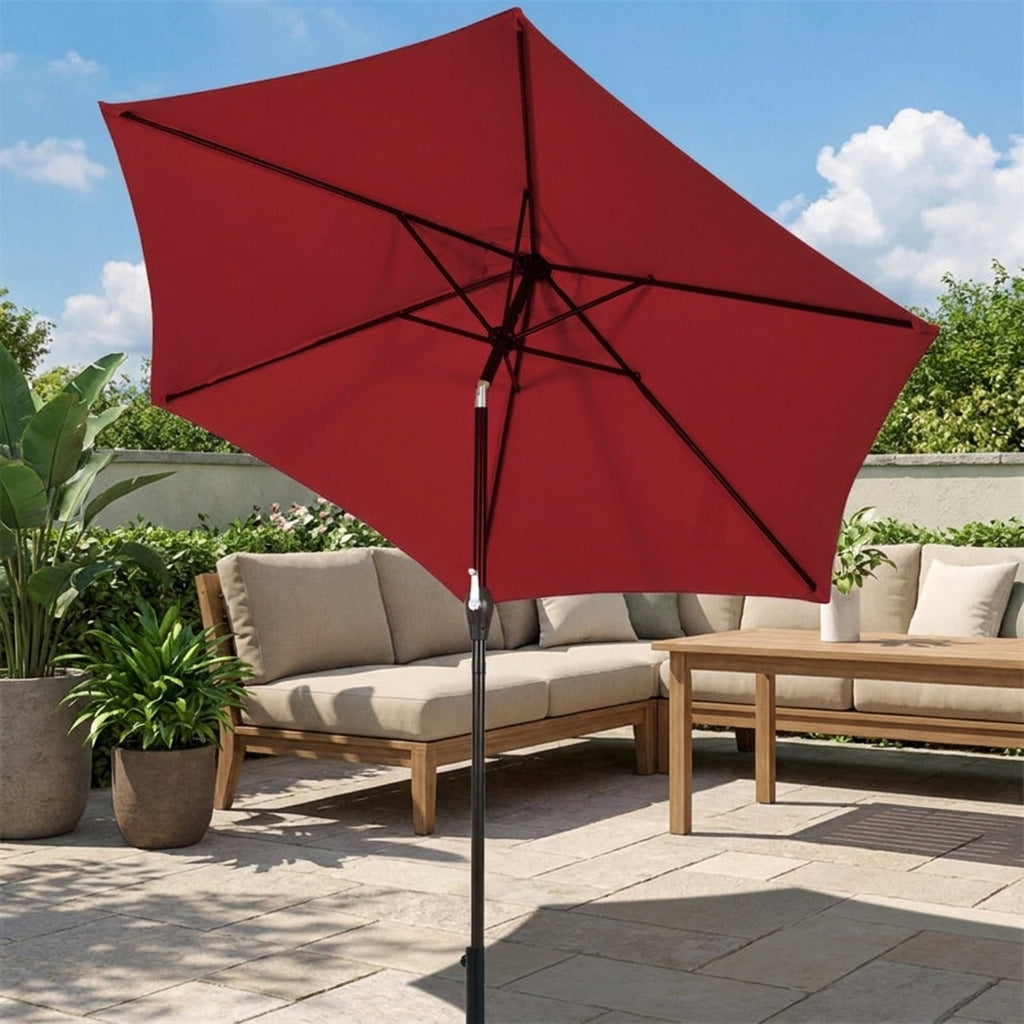 Biotree 9 ft Market Patio Umbrella with Crank and Tilt, 8 Sturdy Ribs, Vented Canopy - Burgundy for Backyard