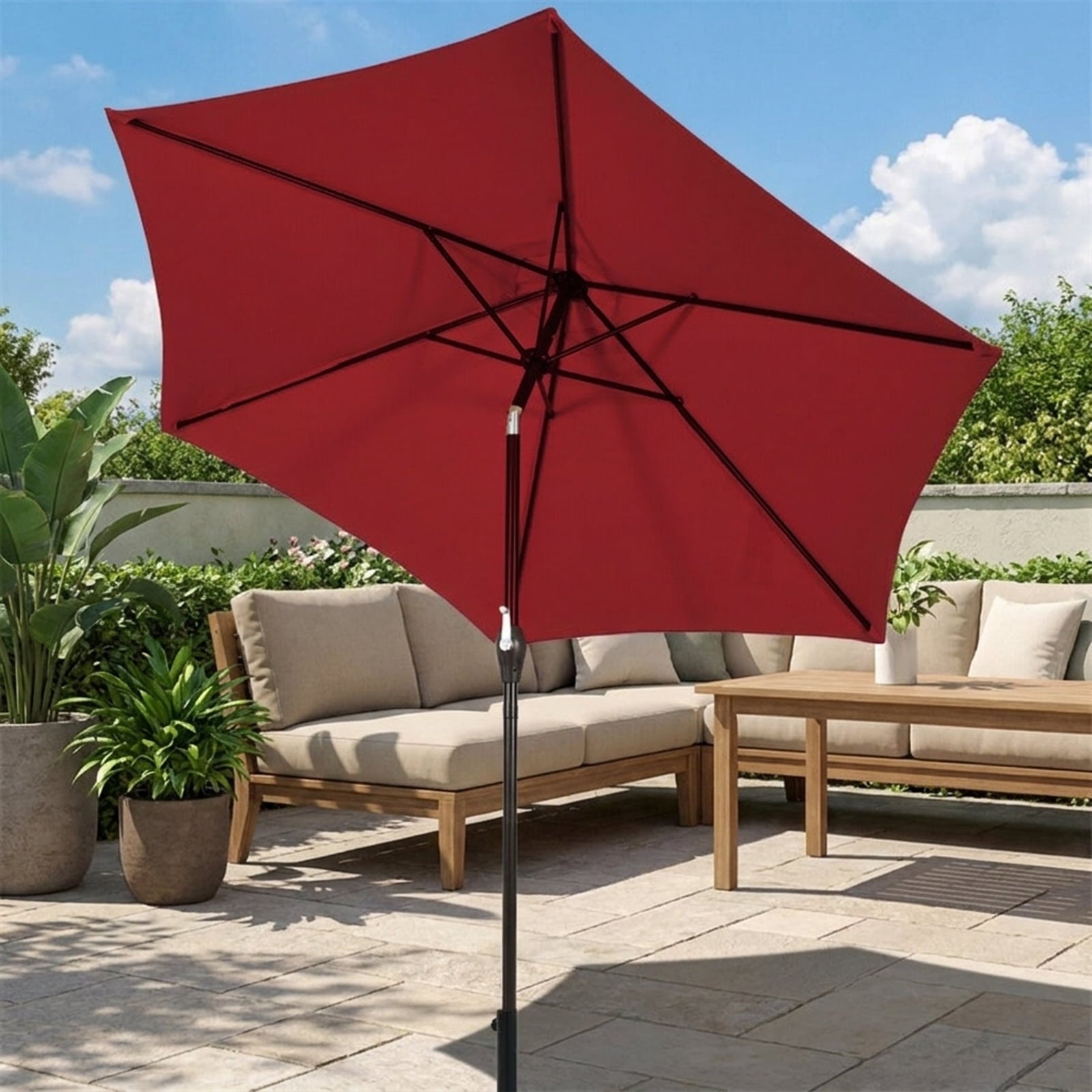 Biotree 9 ft Market Patio Umbrella with Crank and Tilt, 8 Sturdy Ribs, Vented Canopy - Burgundy for Backyard