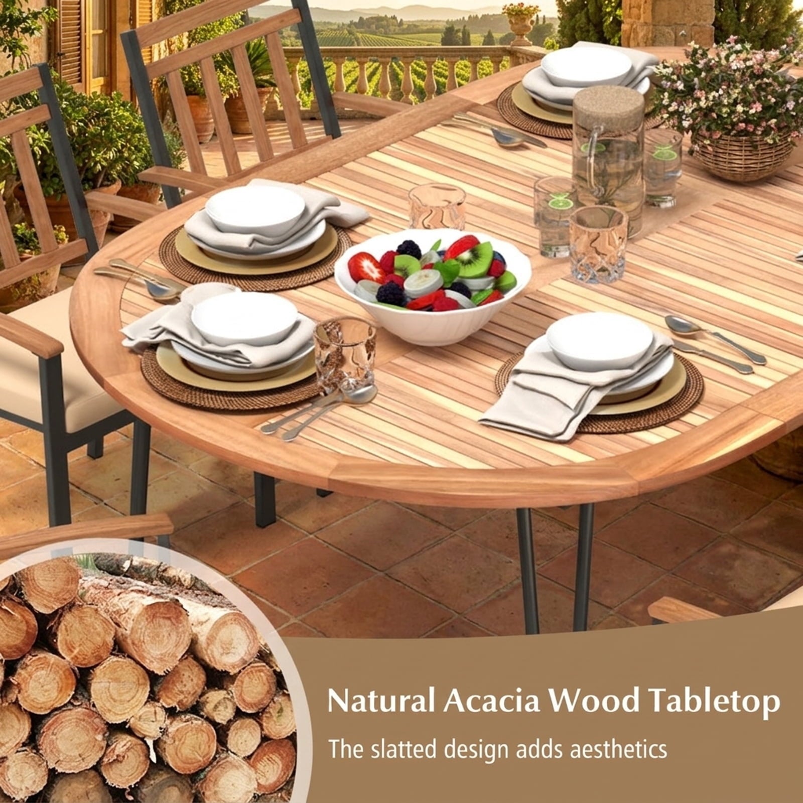 Biotree 79 Inch Oval Patio Dining Table with Umbrella Hole and Acacia Wood Tabletop for 8 People, Natural