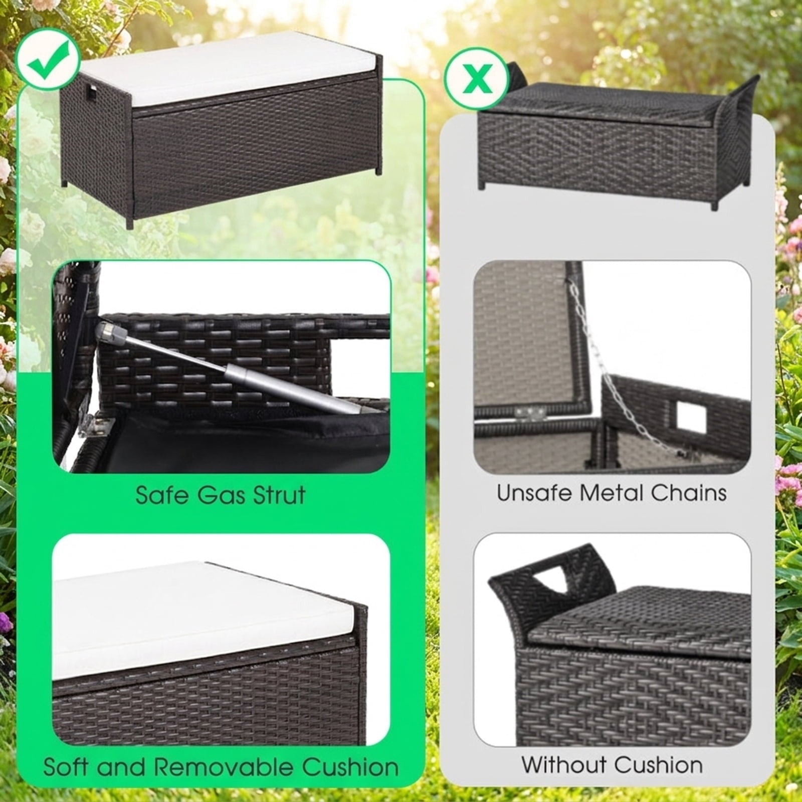 Biotree 34 Gallon Patio Storage Bench with Seat Cushion and Zippered Liner Outdoor Waterproof for Patio Deck Garden Cushions, Brown