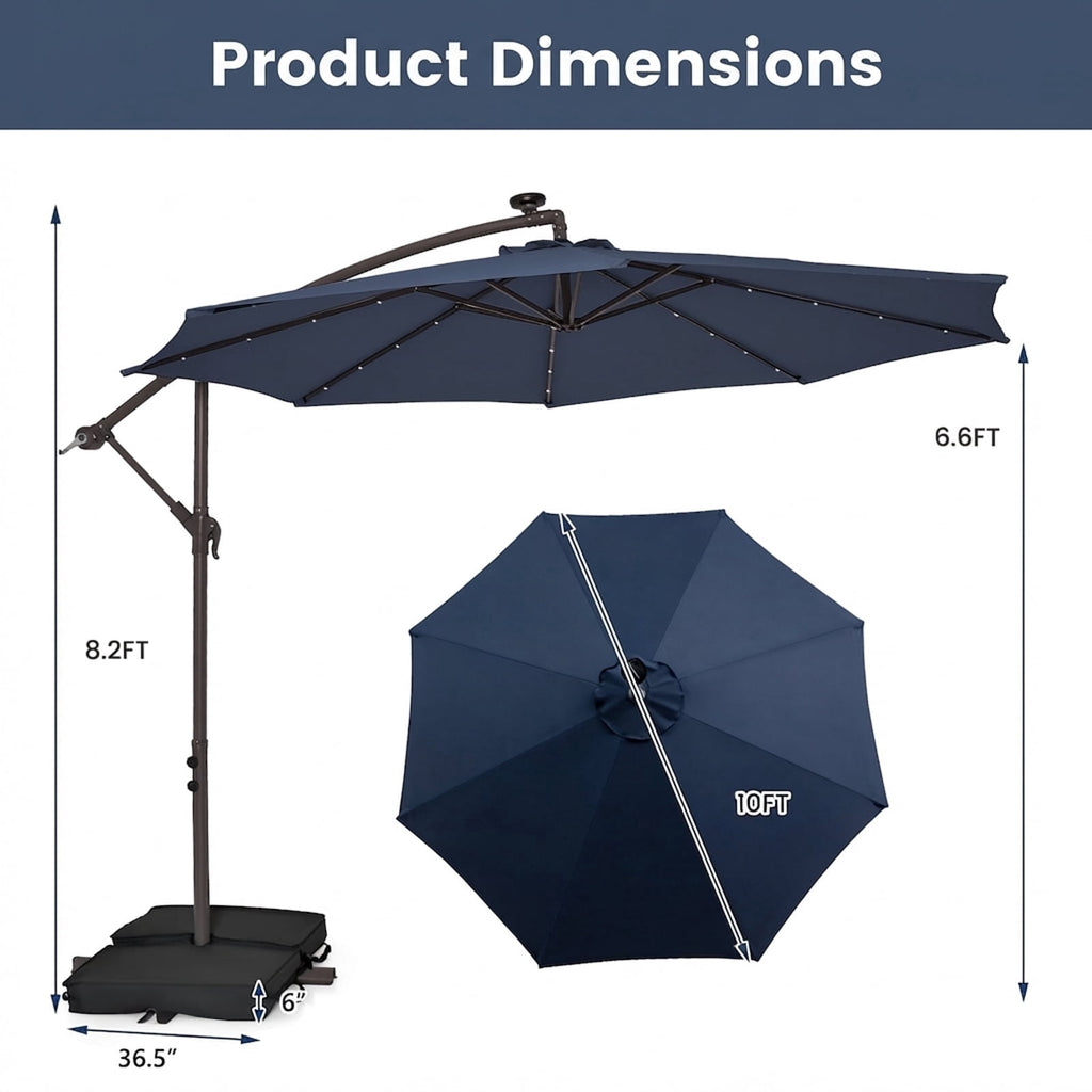 Biotree 10 Feet Cantilever Umbrella with 32 LED Lights and Solar Panel Batteries-Navy Outdoor Backyard