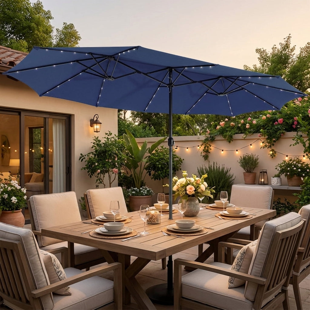 Biotree 15 ft Double-Sided Twin Patio Umbrella Solar LED Lights Outdoor Shade - Blue - UV Protection