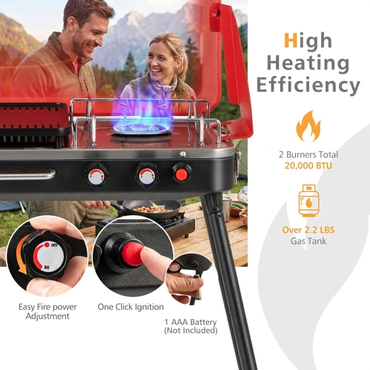 Biotree 2-in-1 Portable Gas Camping Grill and Stove, 20,000 BTU Propane Tabletop BBQ Grill, Foldable Camp Stove with Detachable Legs for Camping Picnic Backyard Red