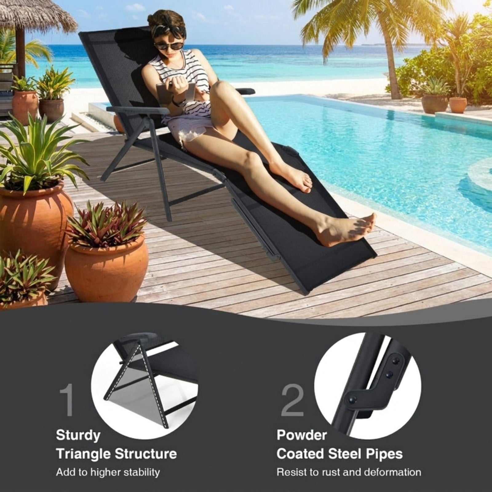 Biotree 2 Pieces Foldable Chaise Lounge Chair with 2-Position Footrest Stackable Patio Chair for Garden BackyardBlack