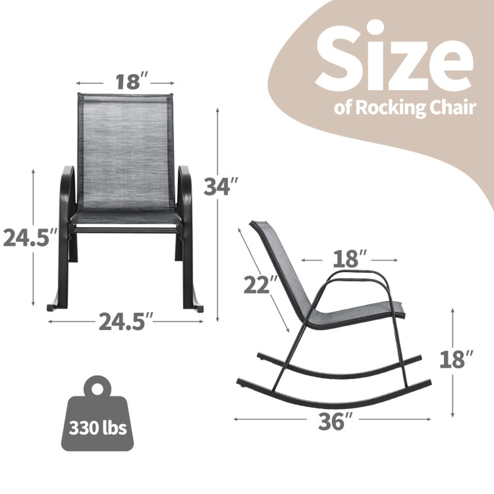 Biotree Set of 2 Metal Patio Rocking Chair with Breathable Seat Fabric Stackable Patio Chair for Garden BackyardGray