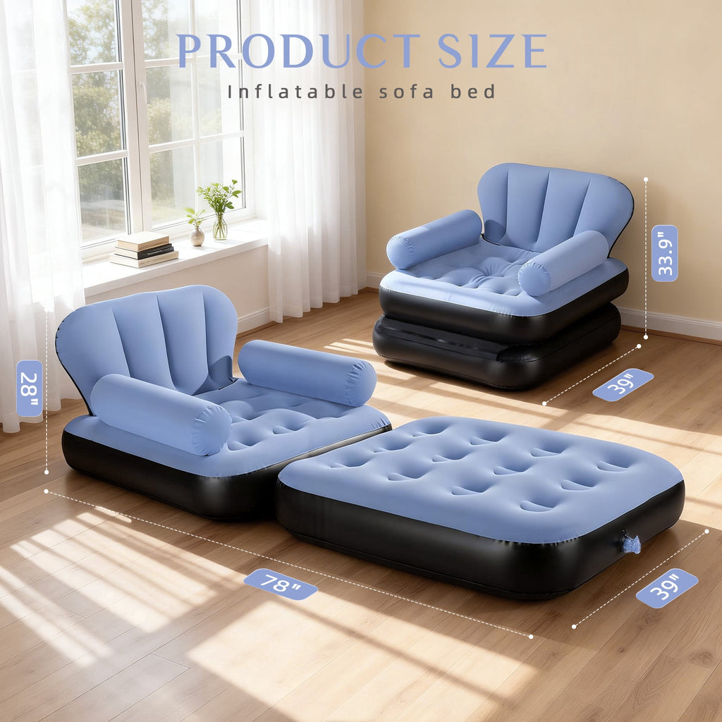 Biotree Inflatable Sofa Bed, 5-in-1 Foldable Thickened Flocked PVC Blow up Sofa with 2 Pumps, Air Couch Mattress for Camping,Blue