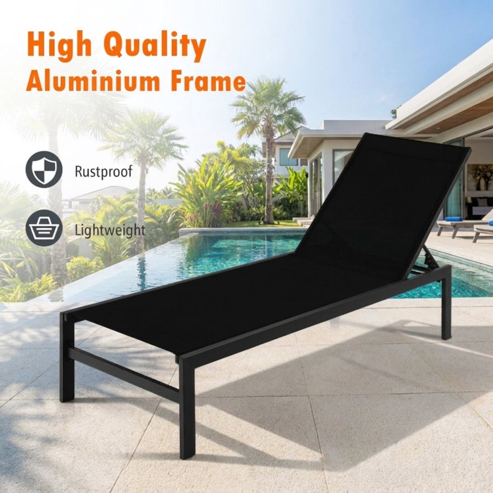 Biotree 6-Position Chaise Lounge Chairs with Rustproof Aluminium Frame Stackable Patio Chair for Garden BackyardBlack
