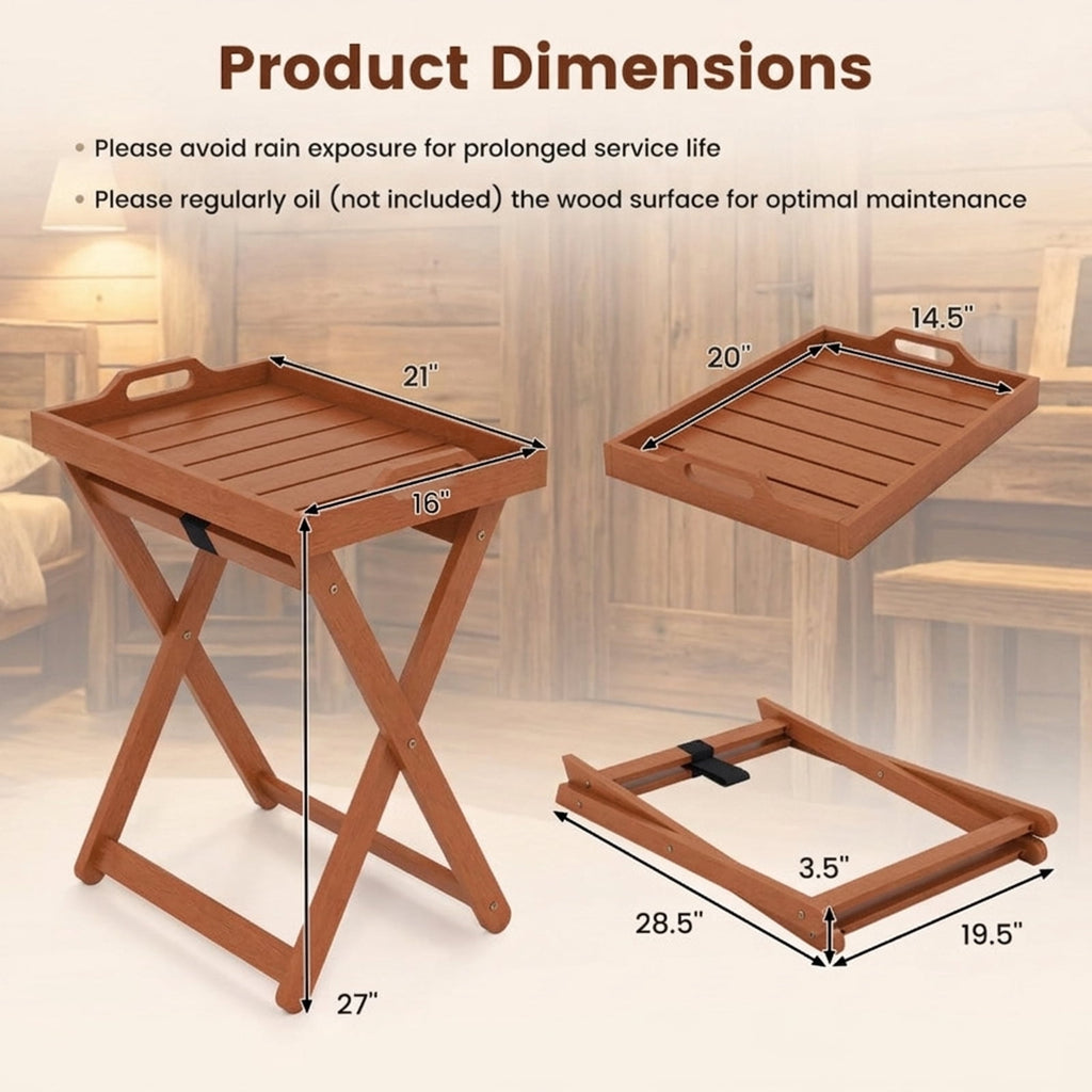 Biotree Outdoor Wood Tray Table Portable Side End Table with Folding Frame, Natural