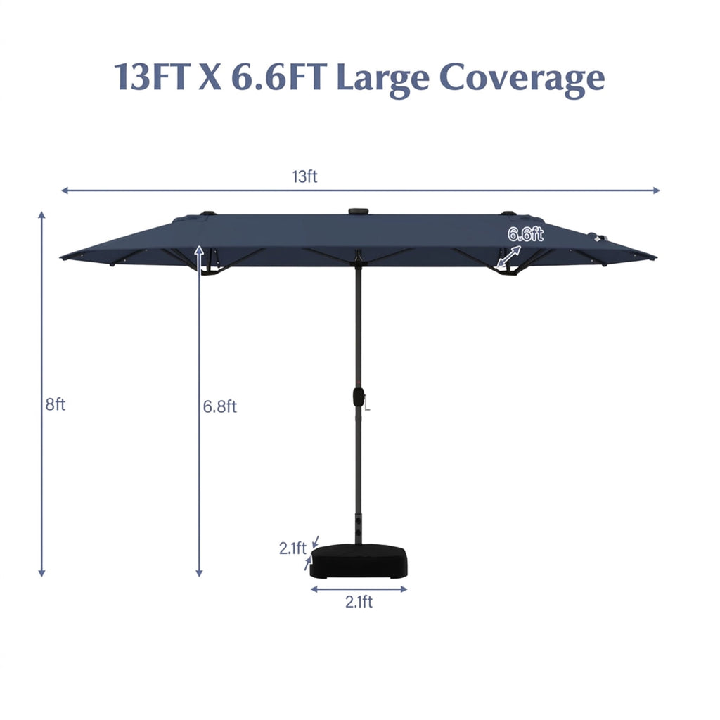Biotree 13 ft Double-Sided Twin Patio Umbrella Solar Powered Outdoor Shade - Blue - UV Protection with Cross Base