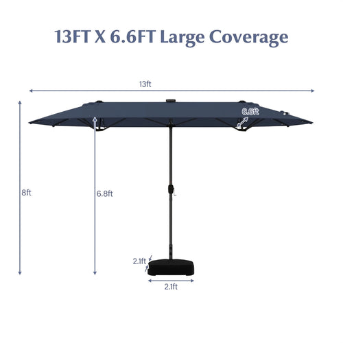 Biotree 13 ft Double-Sided Twin Patio Umbrella Solar Powered Outdoor Shade - Blue - UV Protection with Cross Base